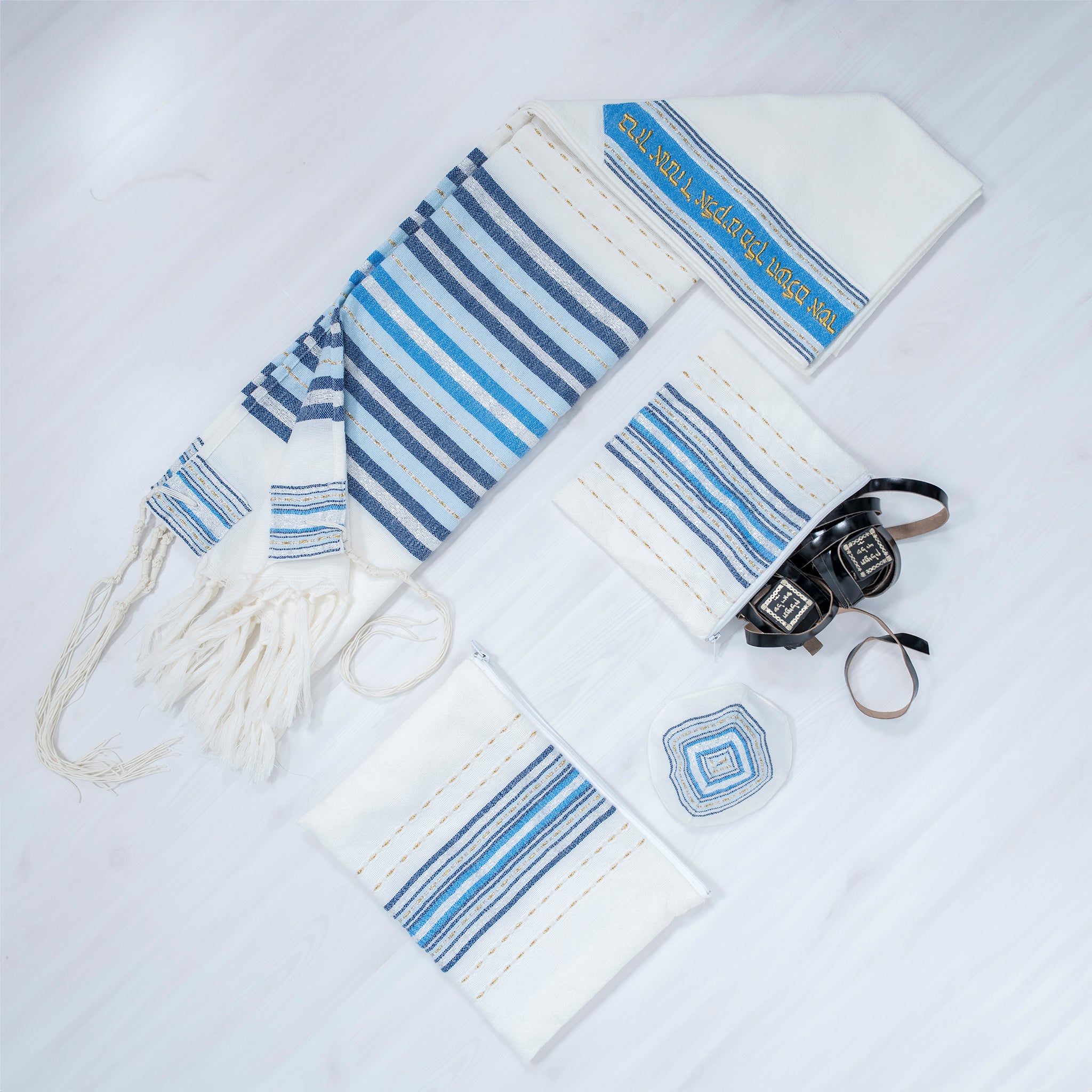 Gabrieli Premium - Wool Tallit - Blues with Gold & Silver on White