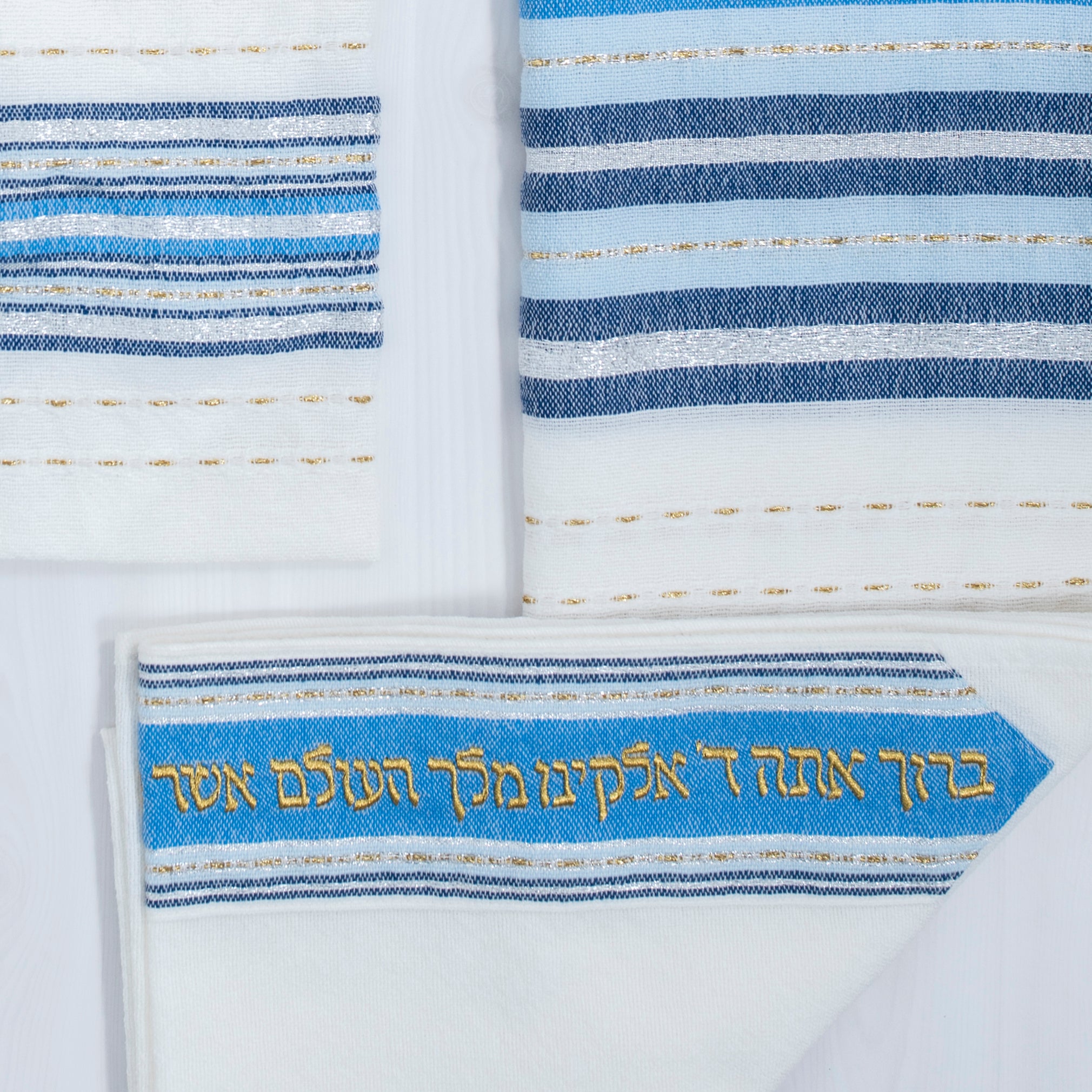 Gabrieli Premium - Wool Tallit - Blues with Gold & Silver on White