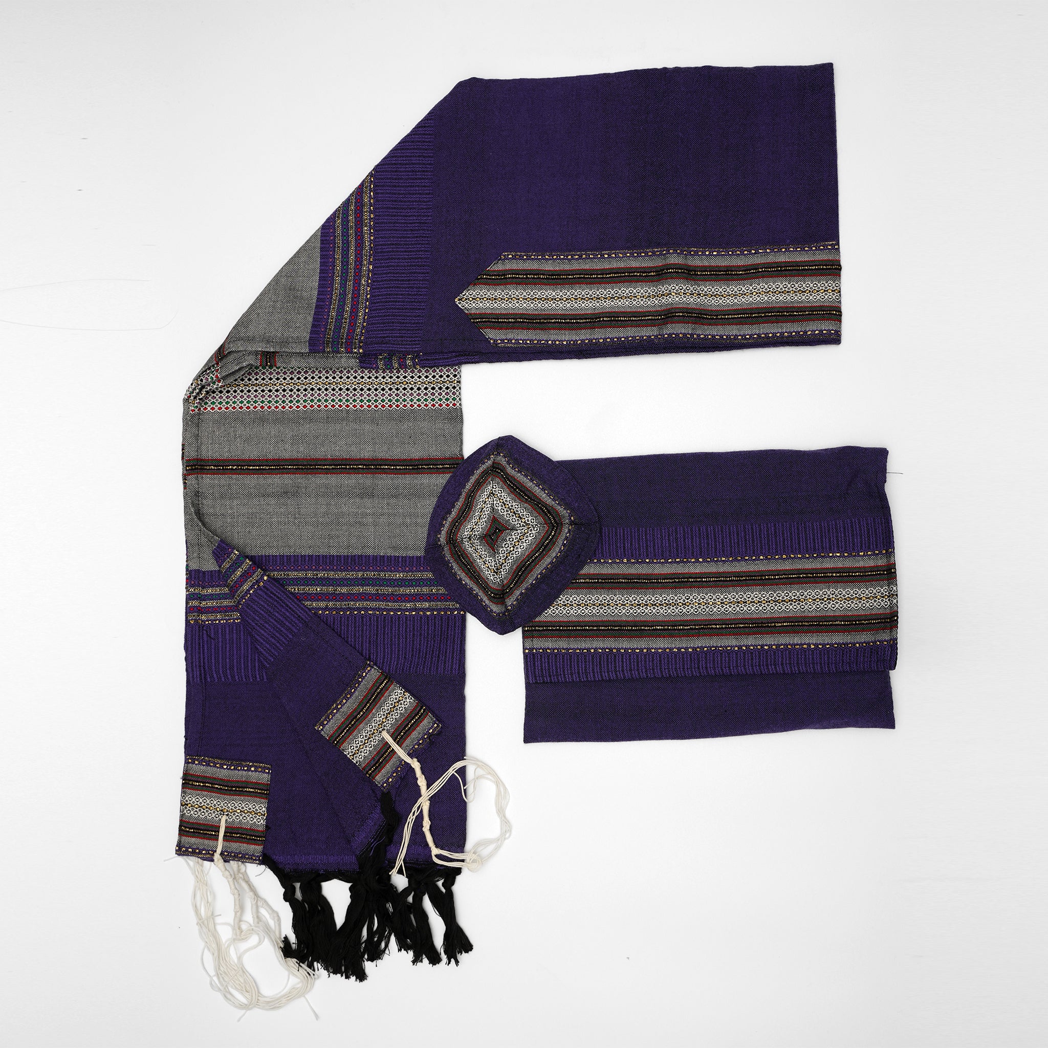 Elia - Cotton Tallit - Gray With Gold on Purple