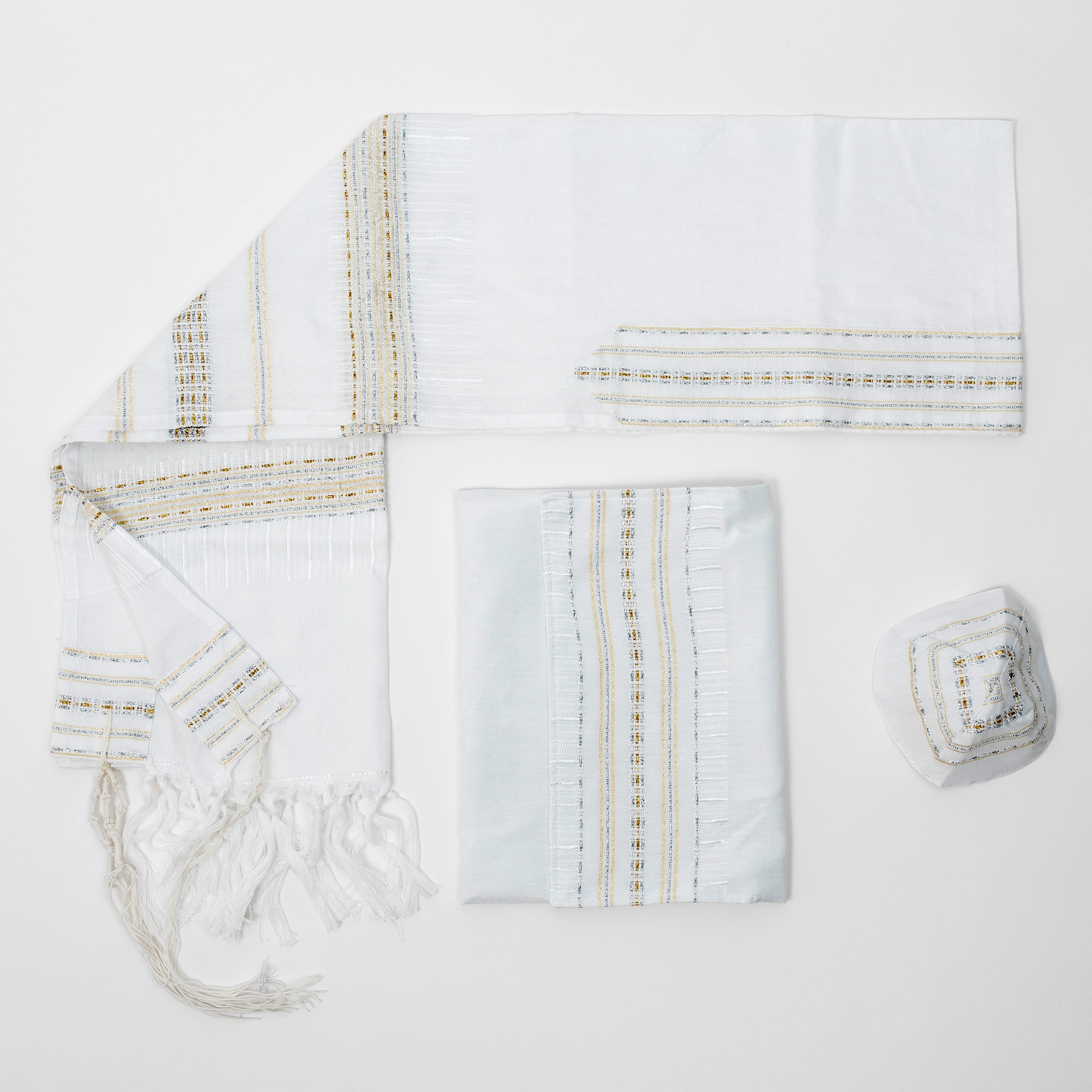 Elia - Silk Tallit - Gold and Silver on White