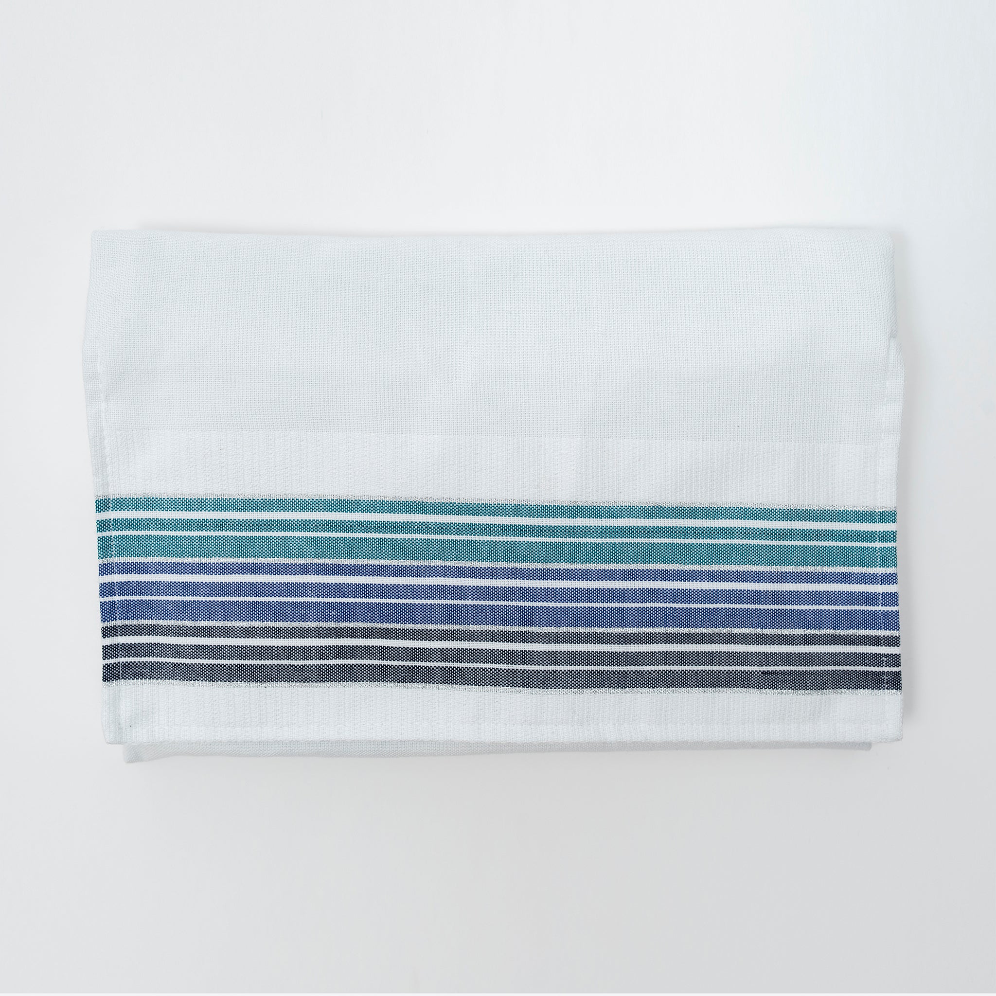 Ella - Cotton Tallit - Turquoise and Blue Stripes with Silver on White
