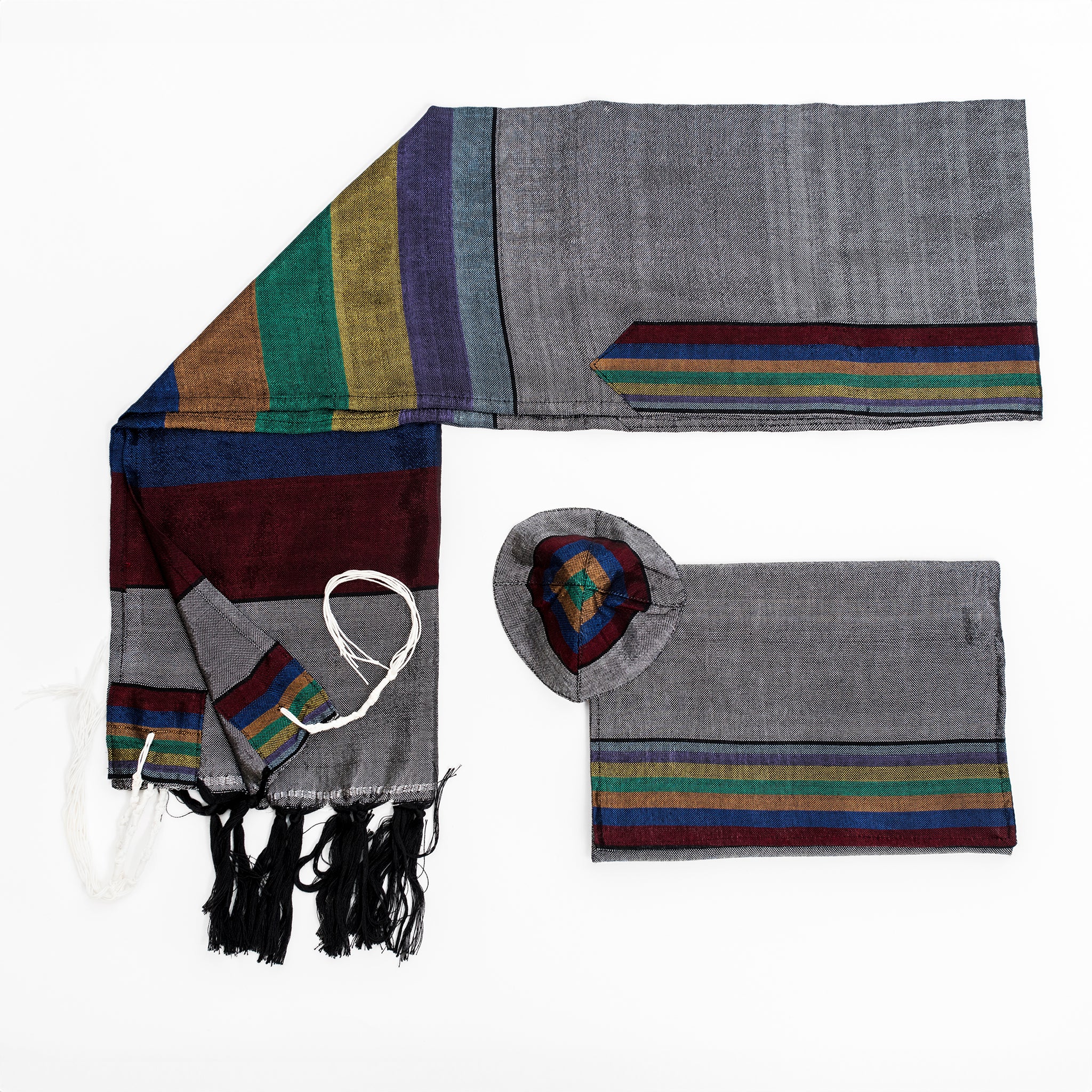 Esther - Silk Tallit - Rainbow Stripes on Gray