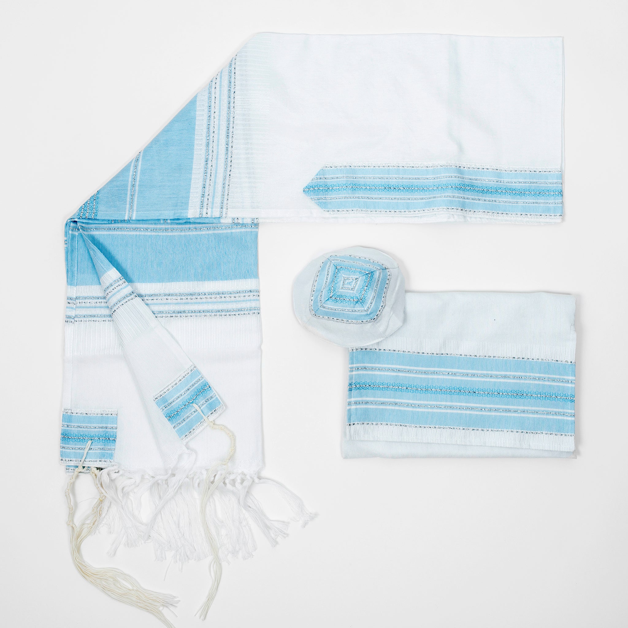 Elia - Silk Tallit - Baby Blue with Silver on White