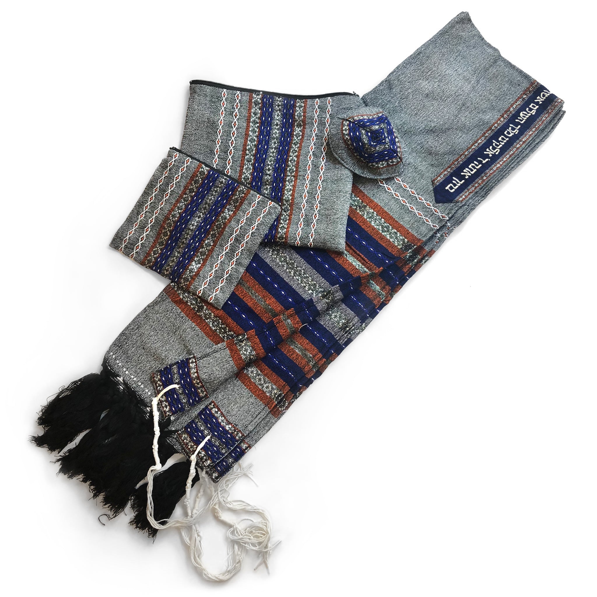 Gabrieli Premium - Wool Tallit - Blue & Orange with Silver on Gray