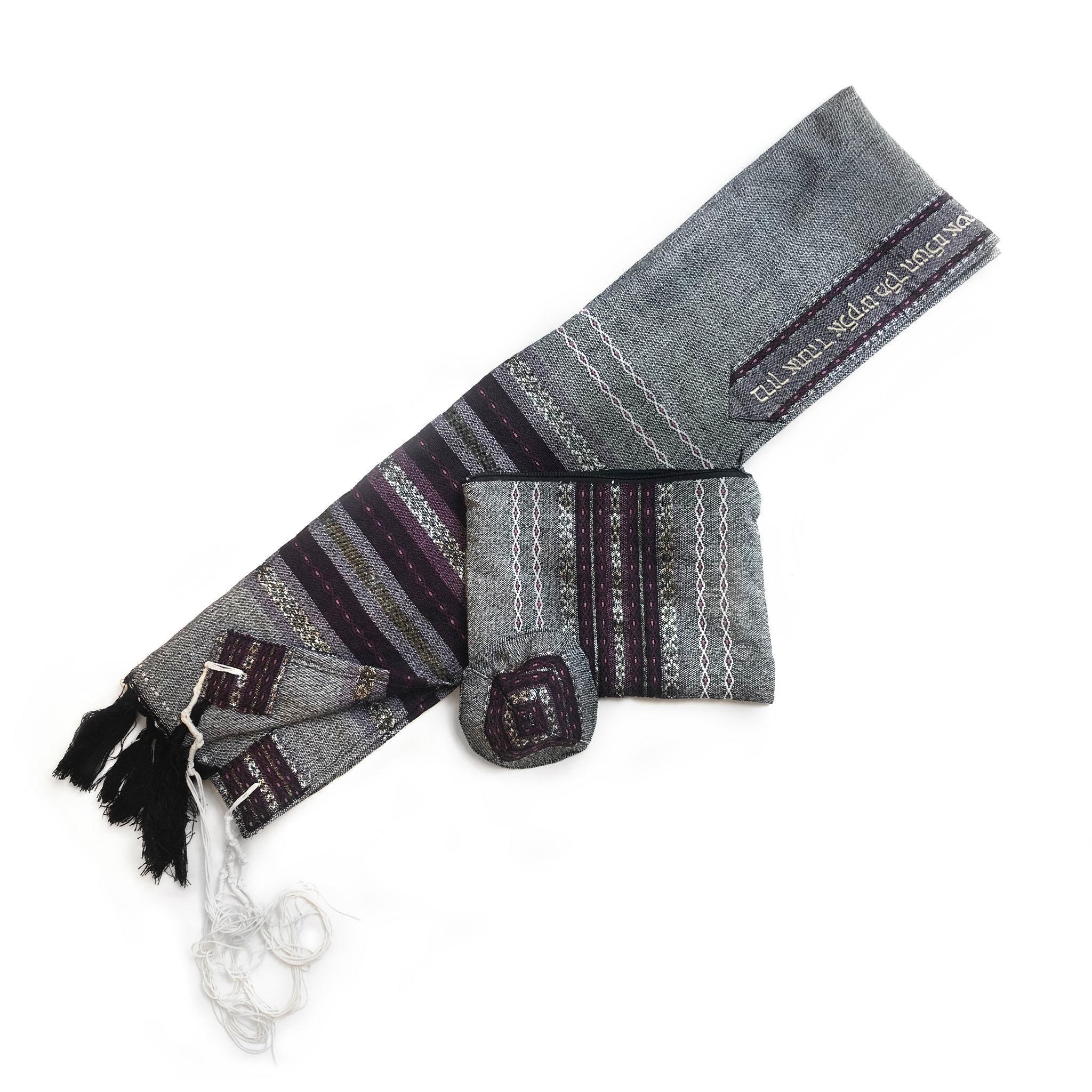 Gabrieli Premium - Wool Tallit - Purples & Silver on Gray