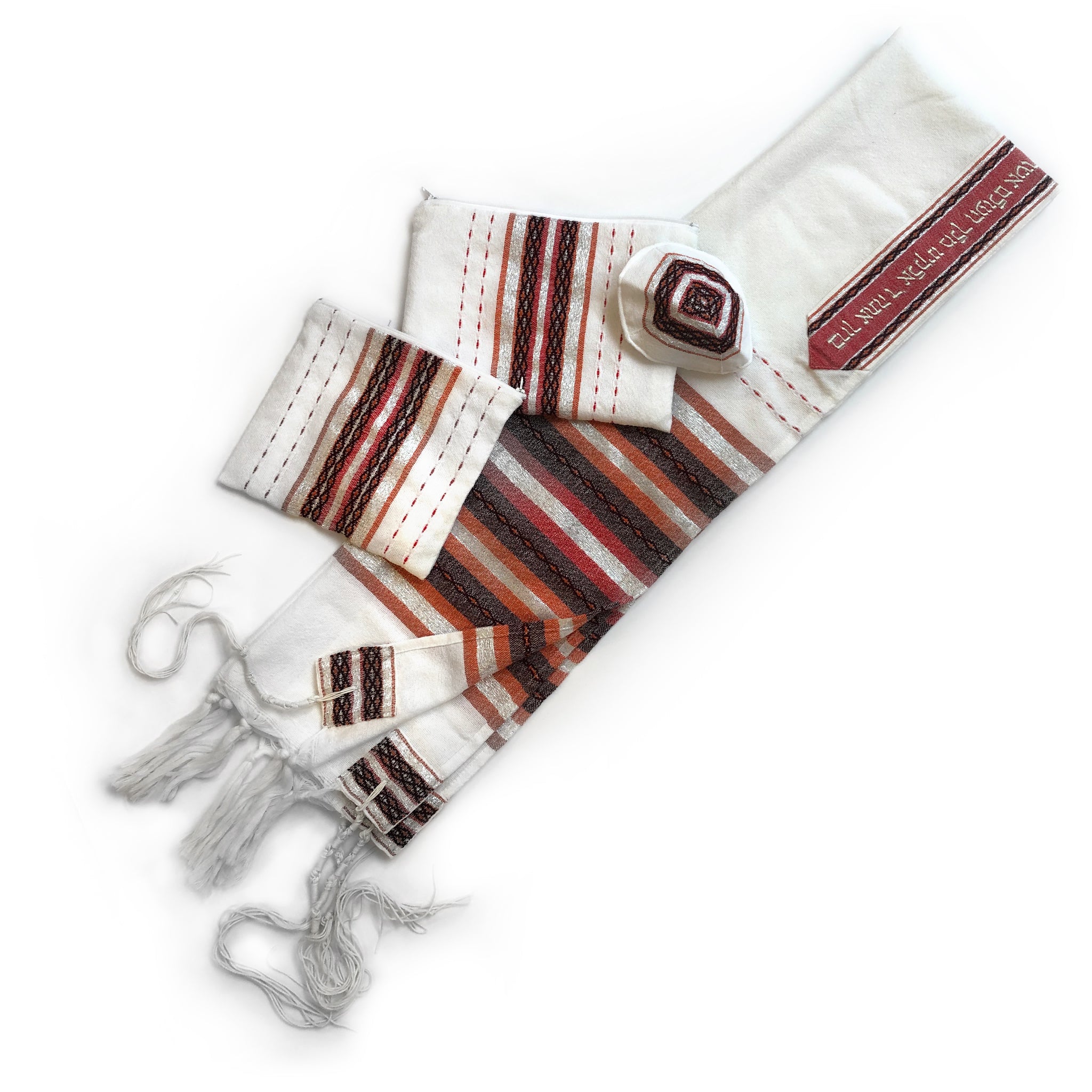 Gabrieli Premium - Wool Tallit - Red, Orange & Silver on White