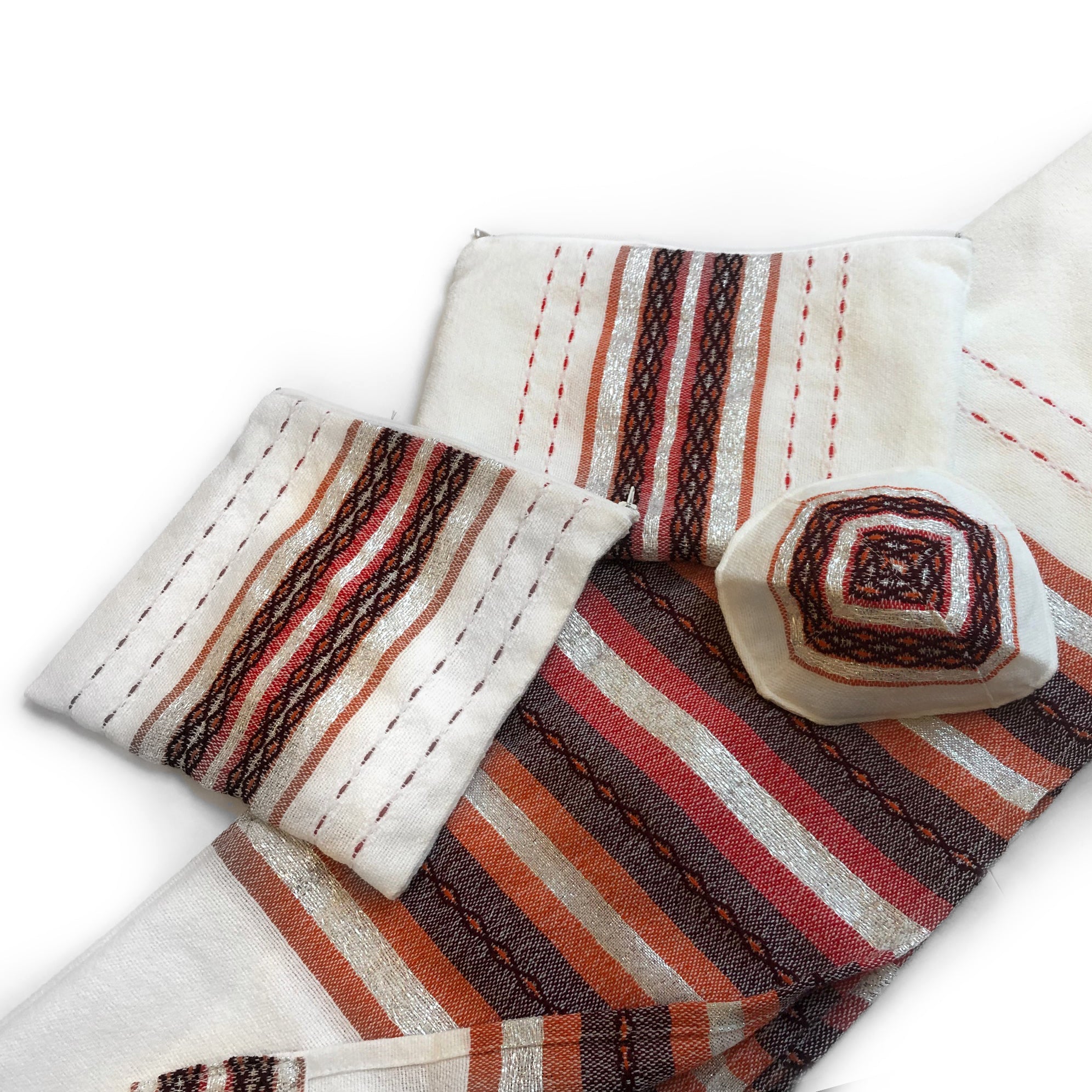 Gabrieli Premium - Wool Tallit - Red, Orange & Silver on White
