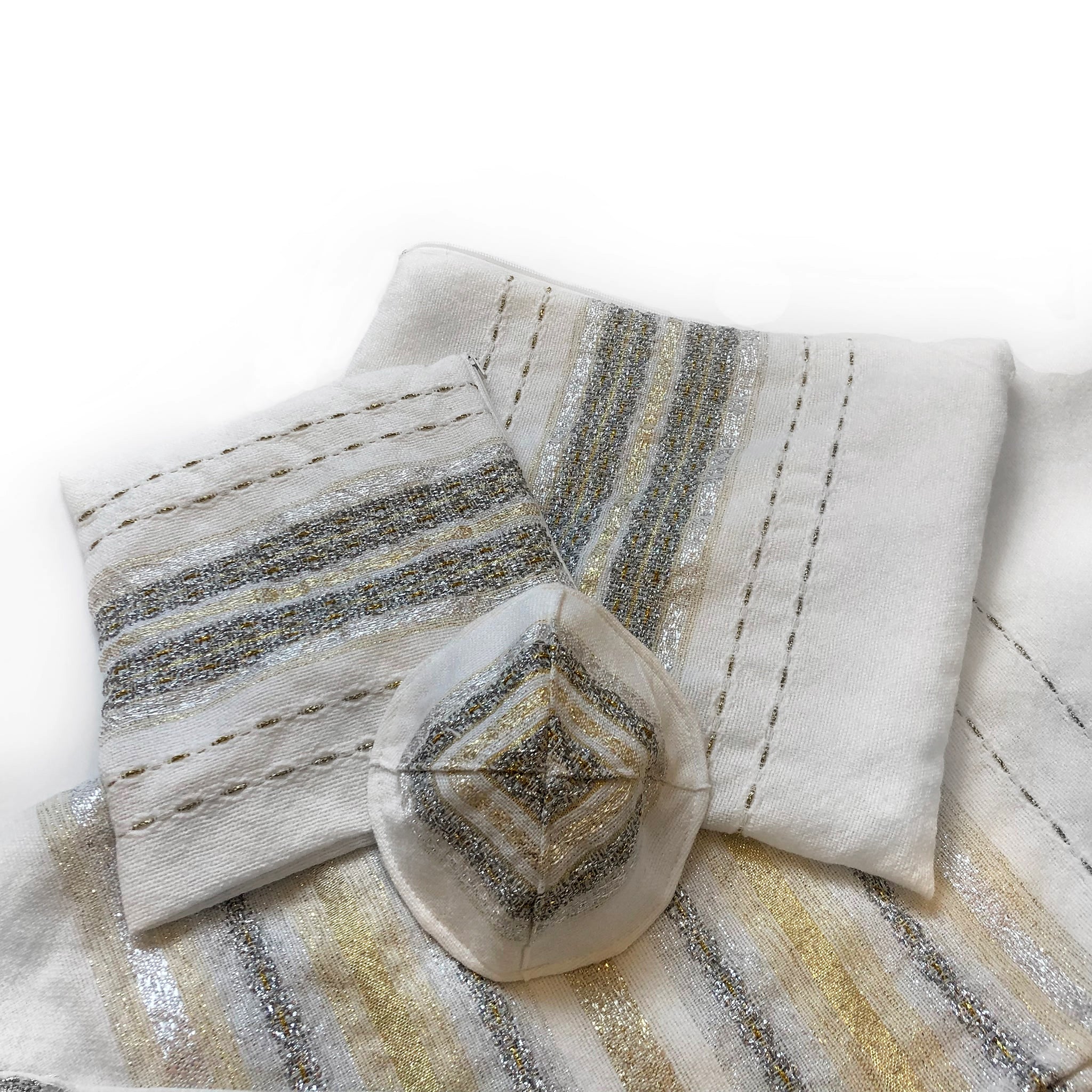 Gabrieli Premium - Wool Tallit - Gold & Silver on White