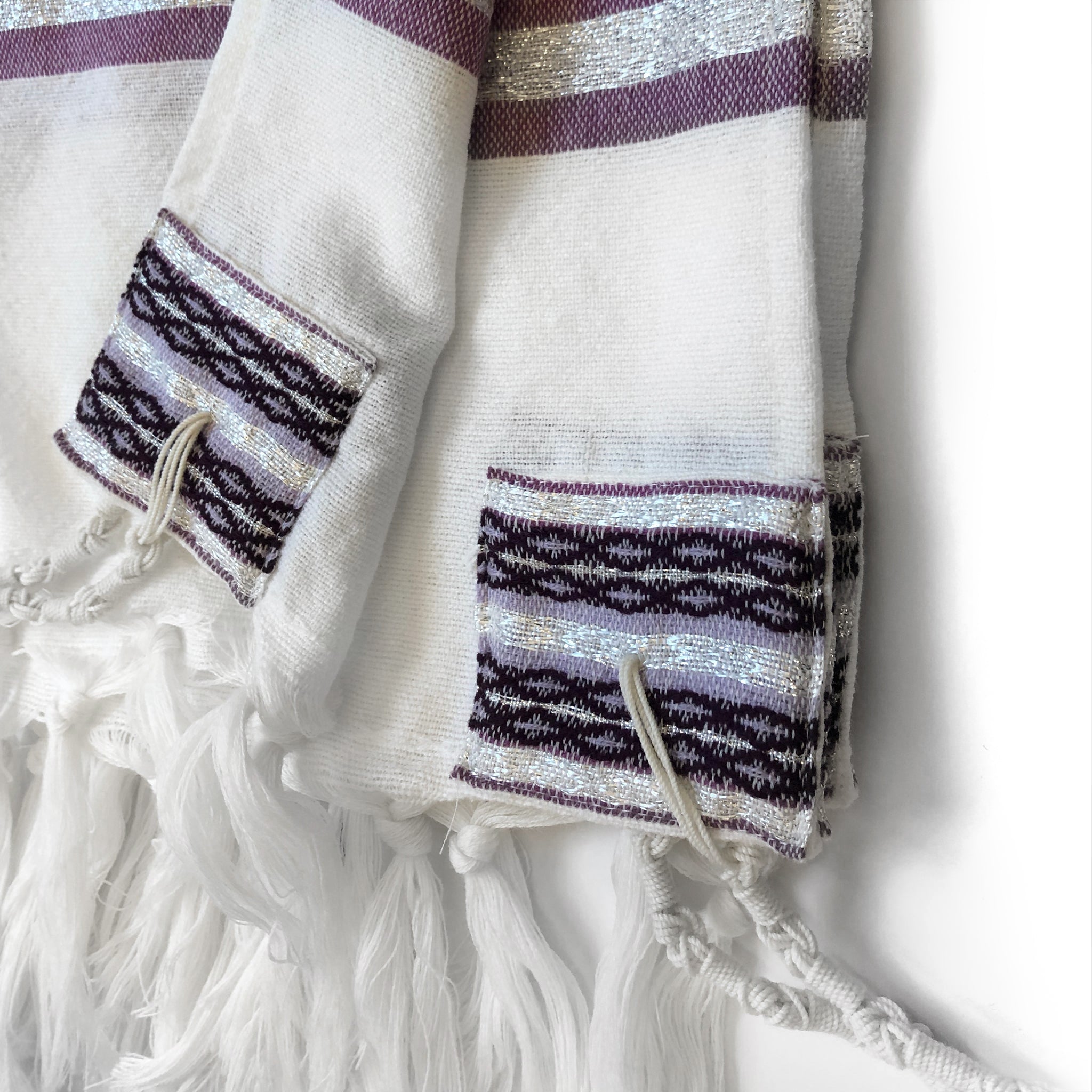 Gabrieli Premium - Wool Tallit - Purples & Silver on White