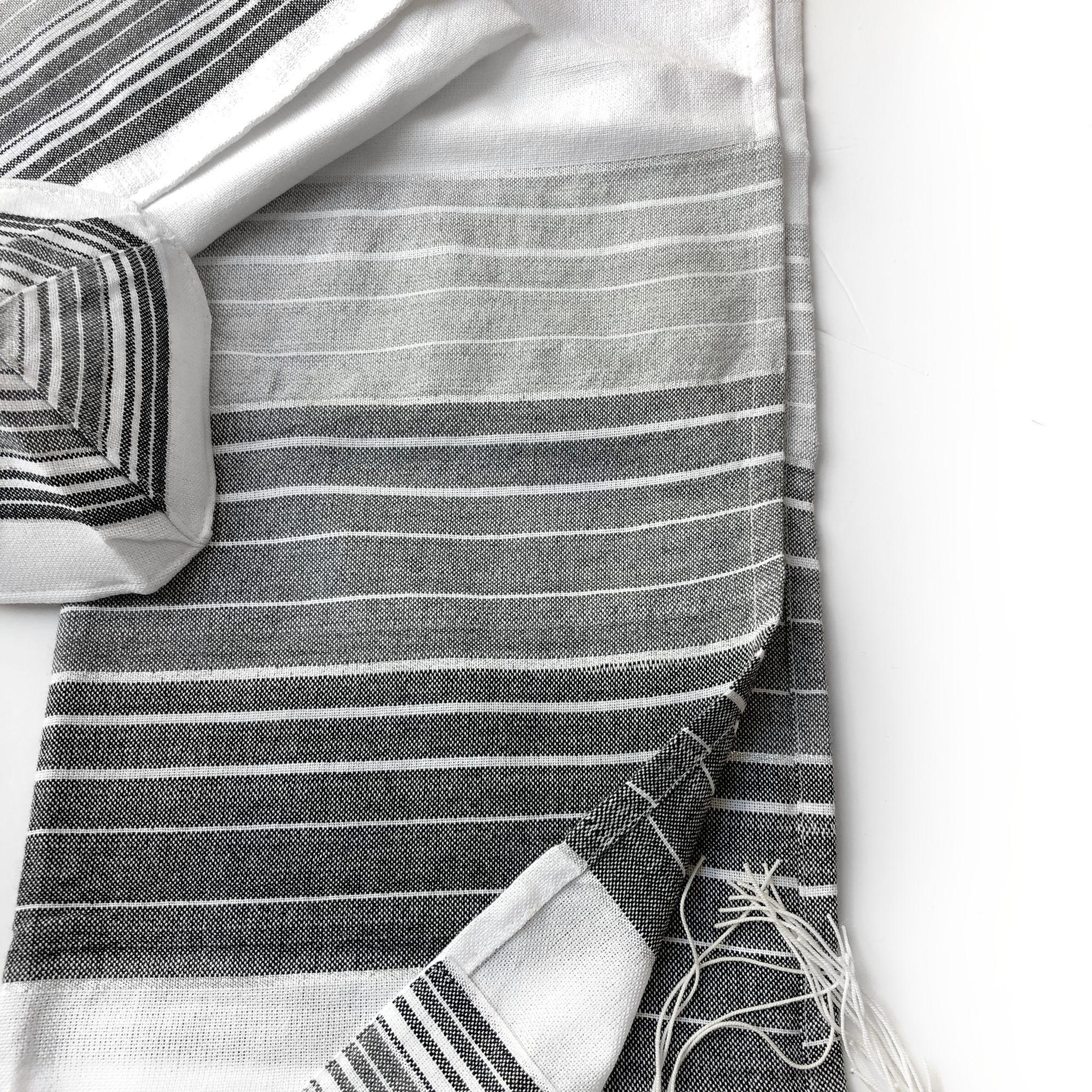 Ella - Cotton Tallit - Gray and Black Stripes with Silver on White