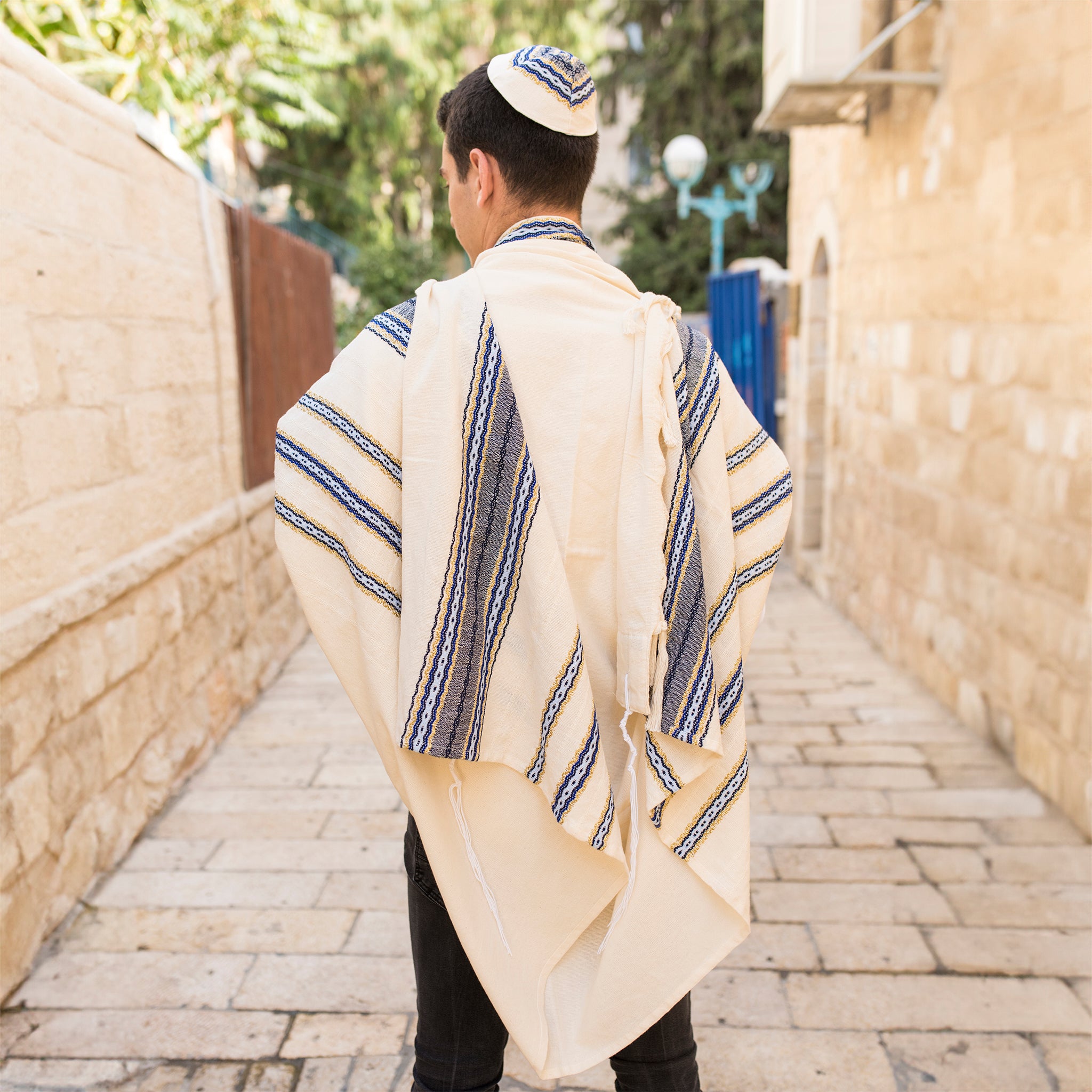 Adam - Cotton Tallit - Blues and Gold on Off-White