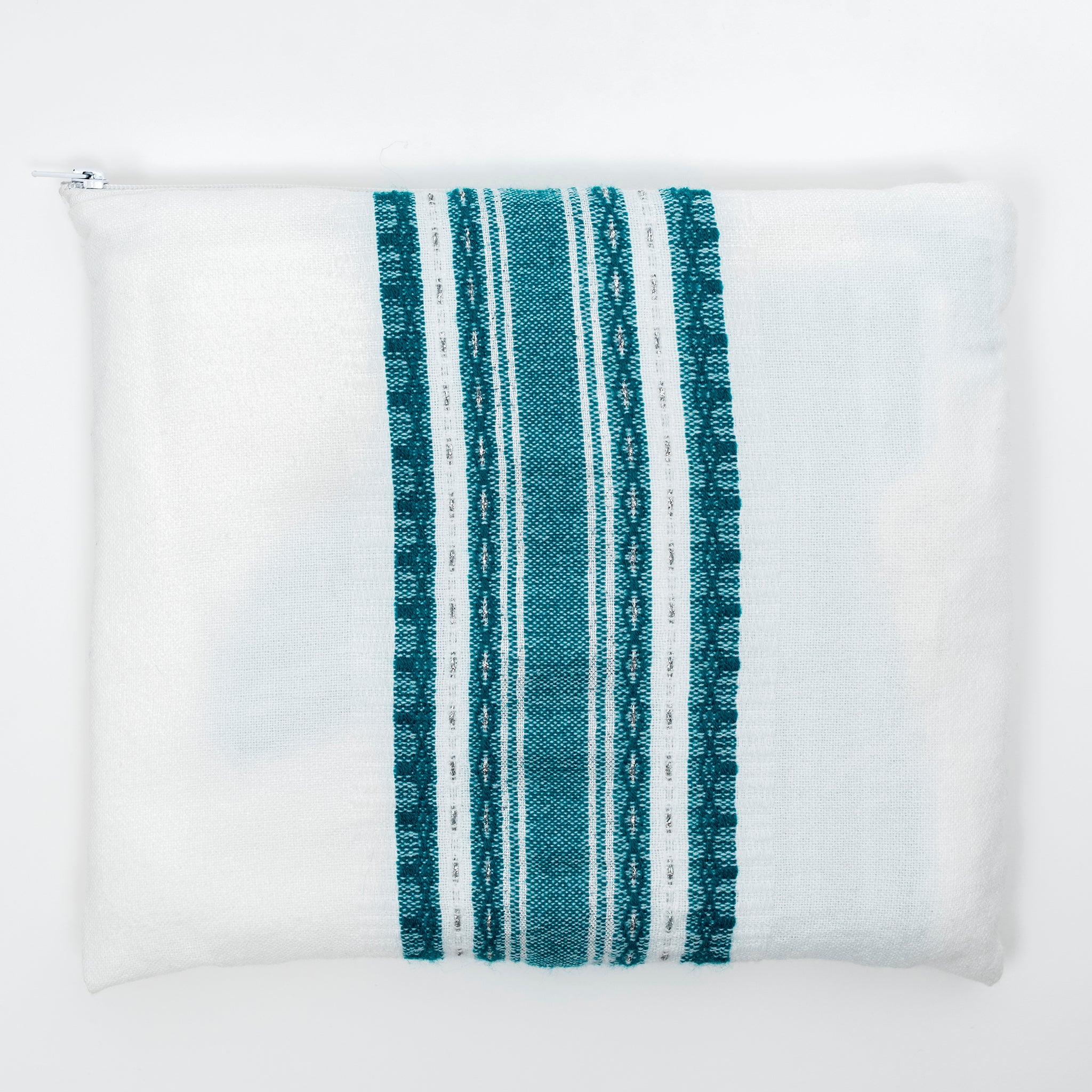 Samuel - Wool Tallit - Turquoise and Silver on White