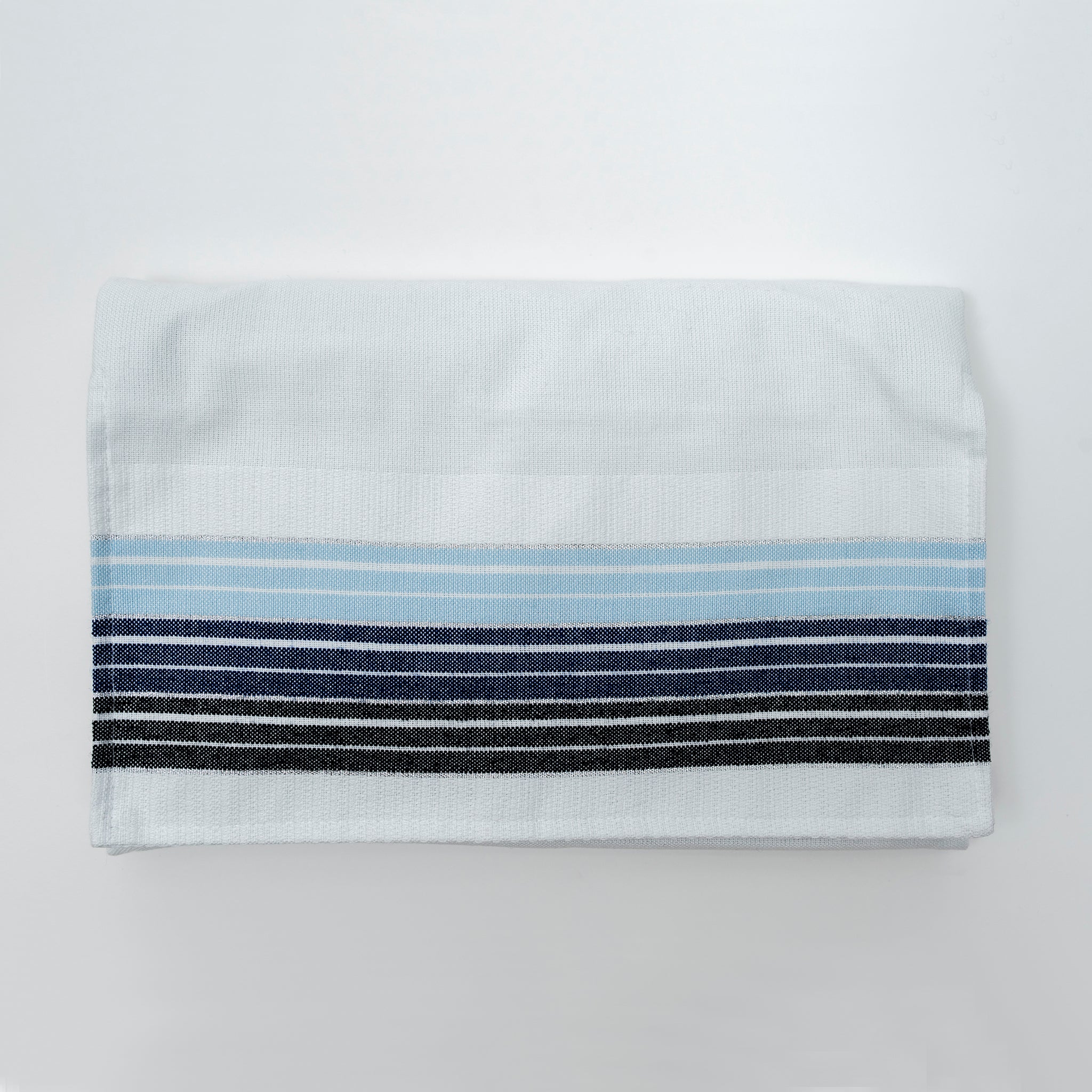 Ella - Cotton Tallit - Blue and Black Stripes with Silver on White