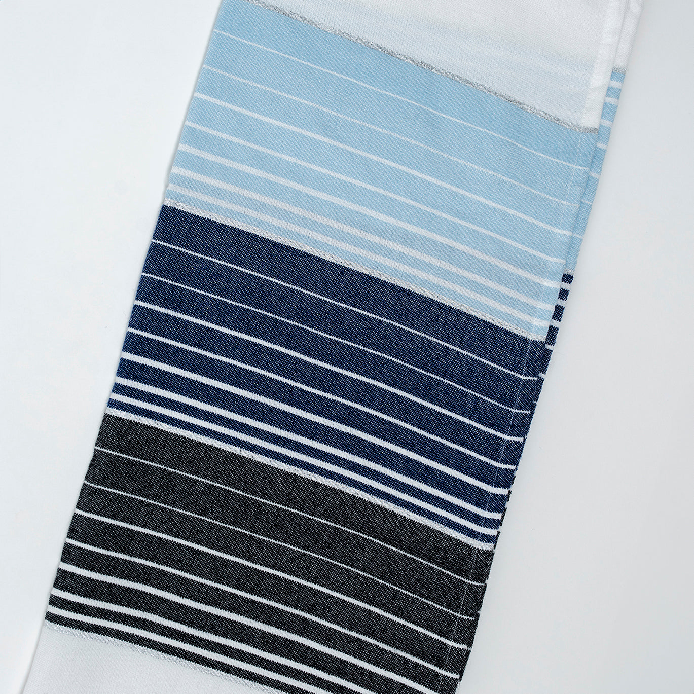 Ella - Cotton Tallit - Blue and Black Stripes with Silver on White