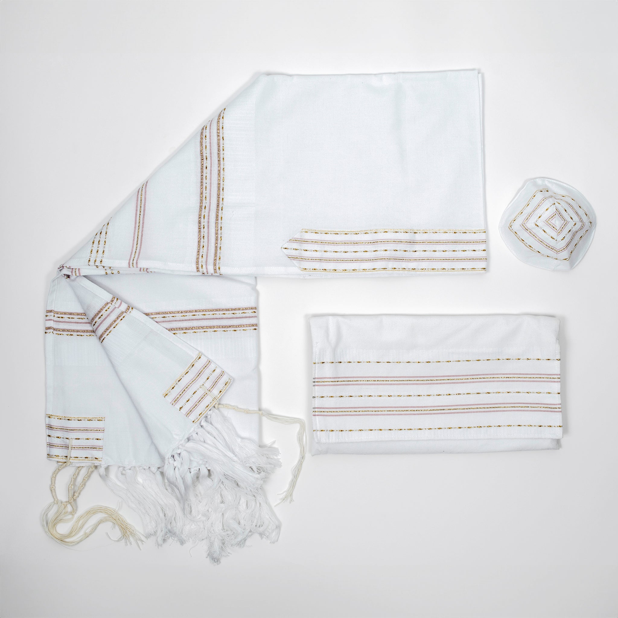 Elia - Cotton Tallit - Pink and Gold on White