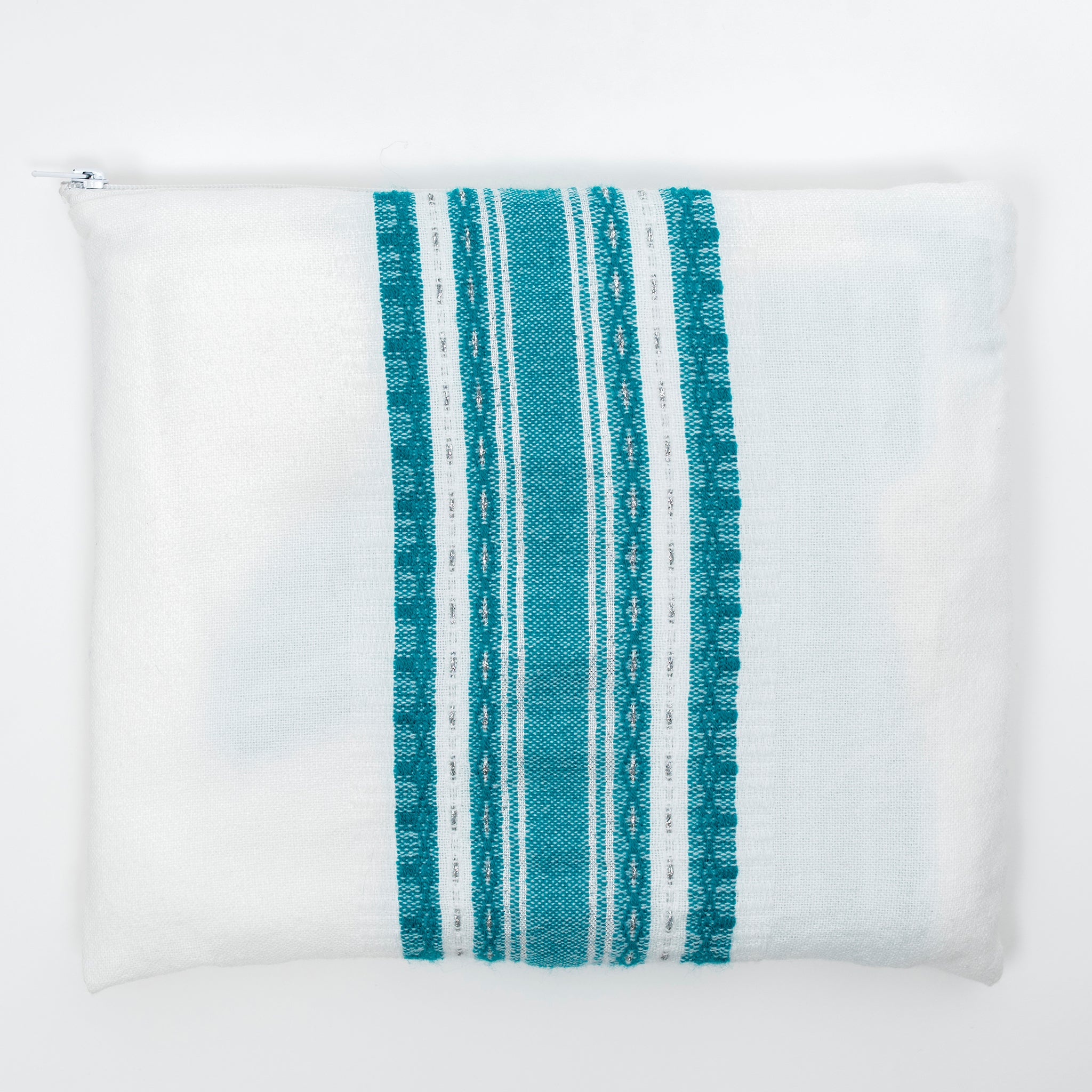 Samuel - Wool Tallit - Turquoise and Silver on White
