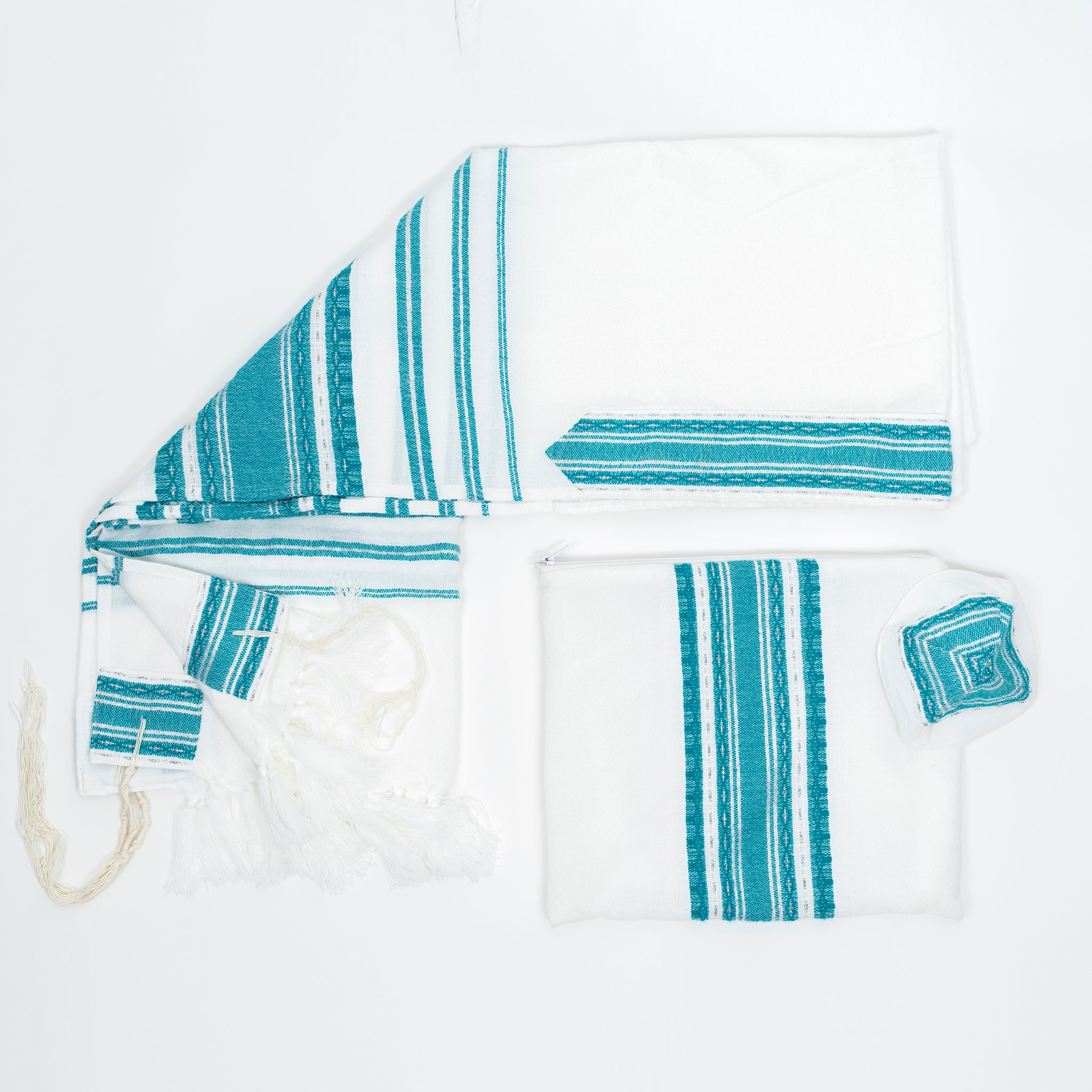 Samuel - Wool Tallit - Turquoise and Silver on White