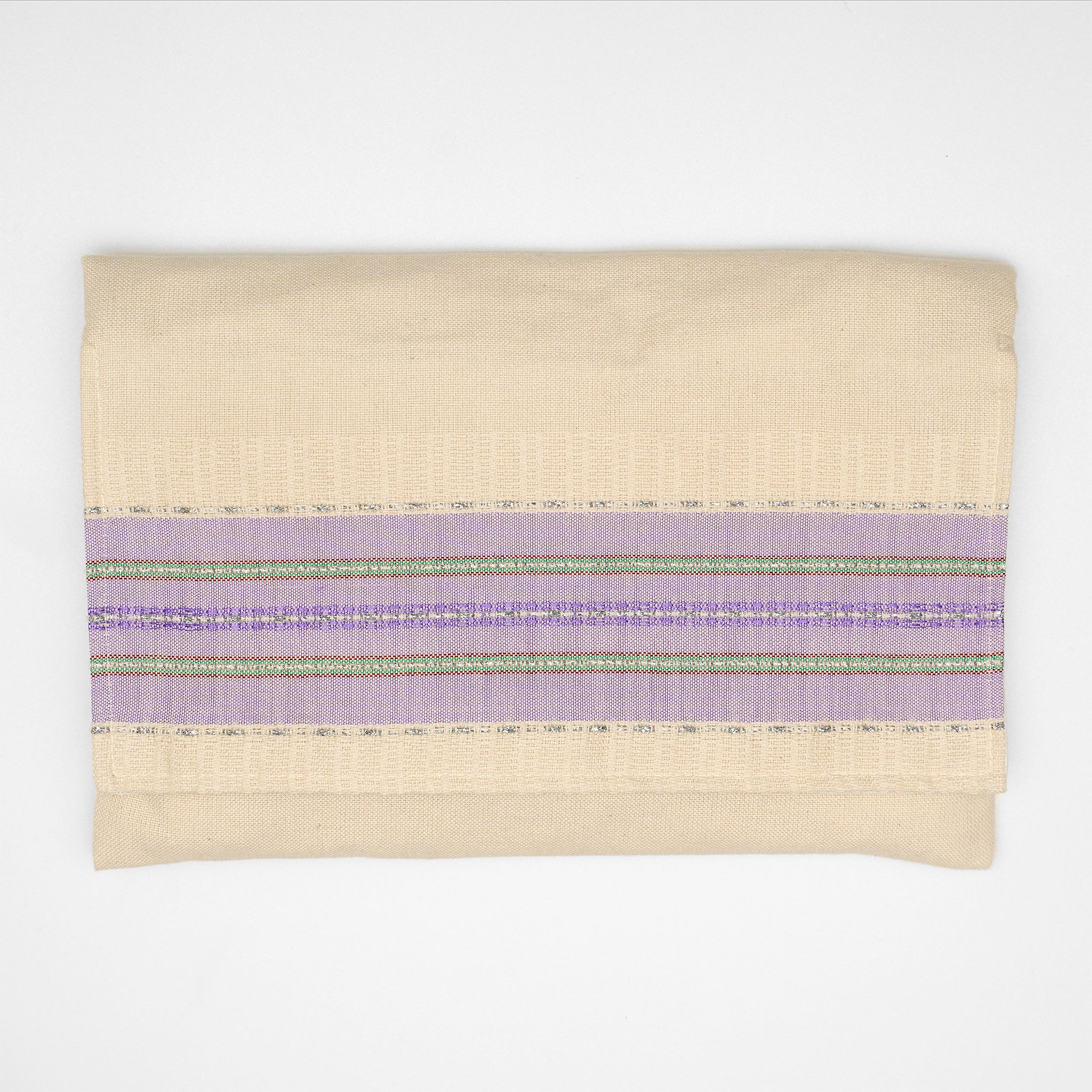 Elia - Silk Tallit - Lilac with Green and silver on Off-White