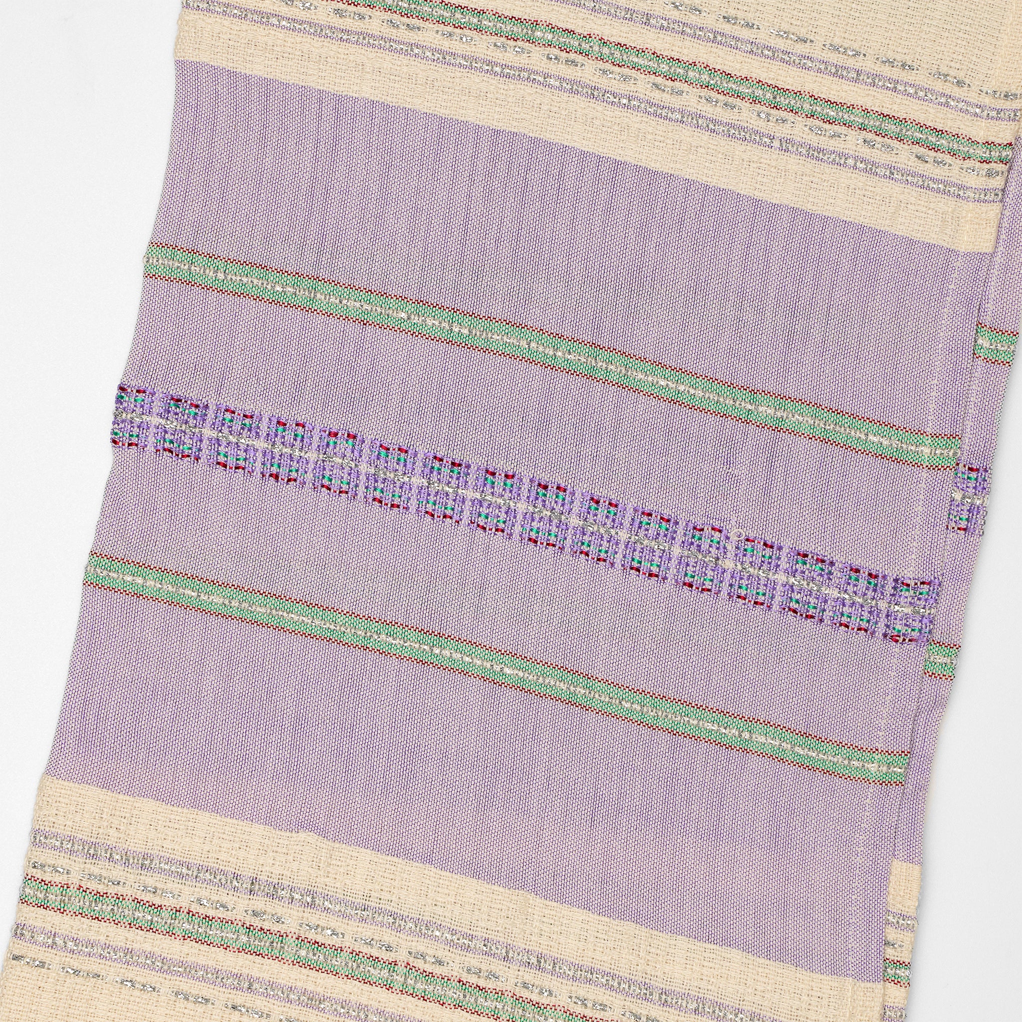 Elia - Silk Tallit - Lilac with Green and silver on Off-White