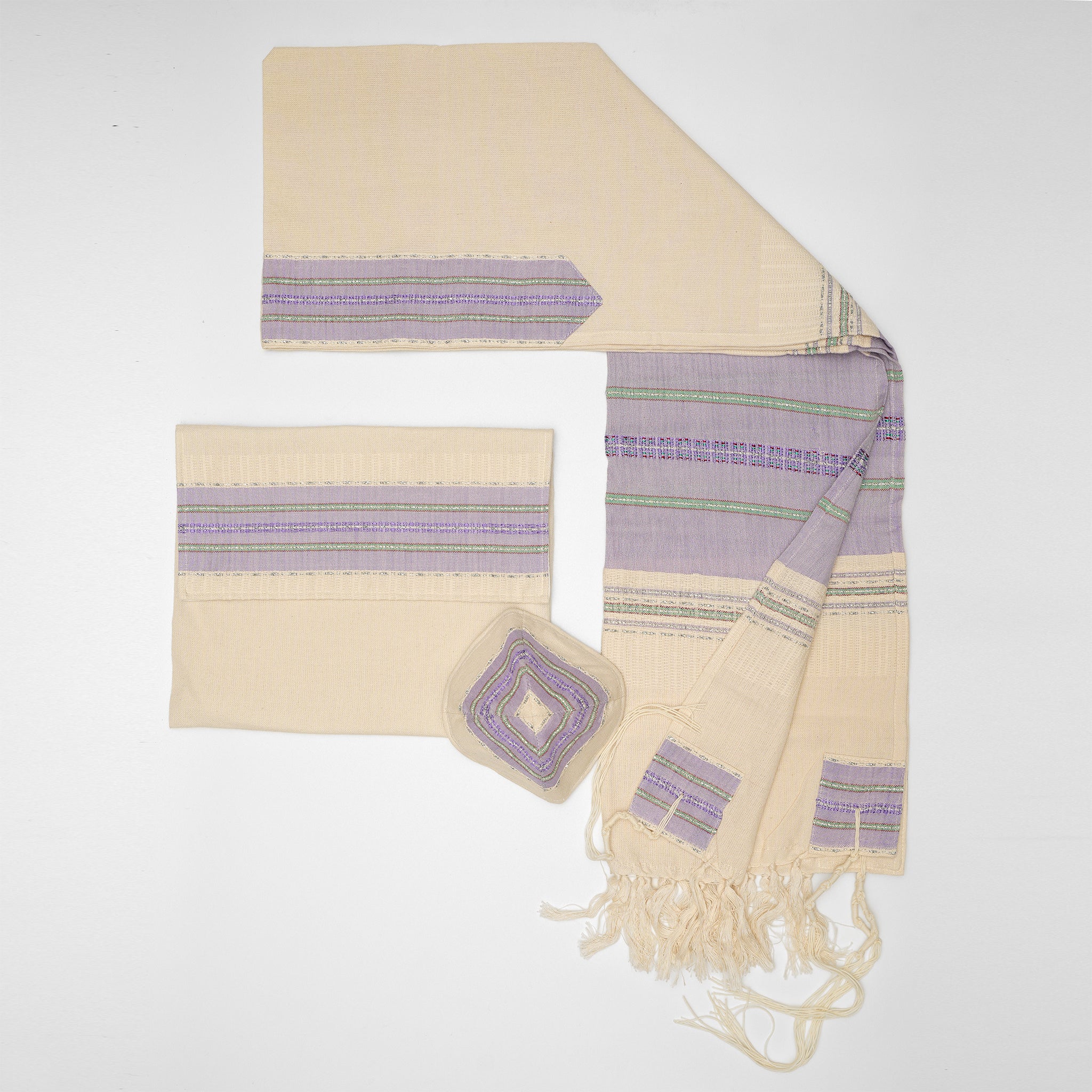 Elia - Silk Tallit - Lilac with Green and silver on Off-White