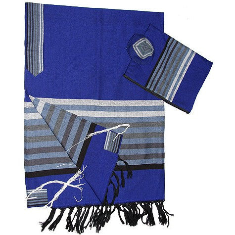 Gad - Wool Tallit - Grey on Blue