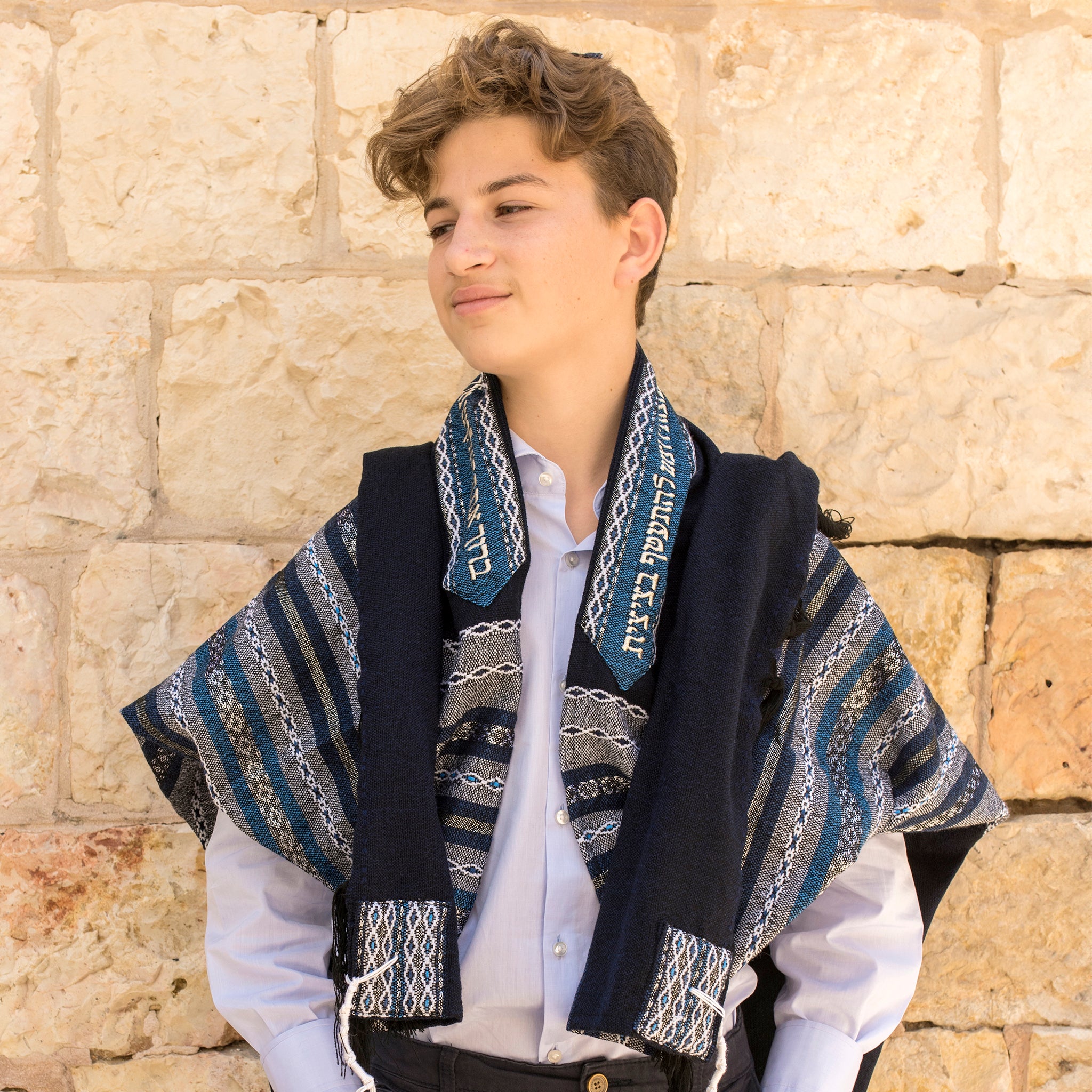 Gabrieli Premium - Wool Tallit - Shades of Blue with Silver on Dark Blue