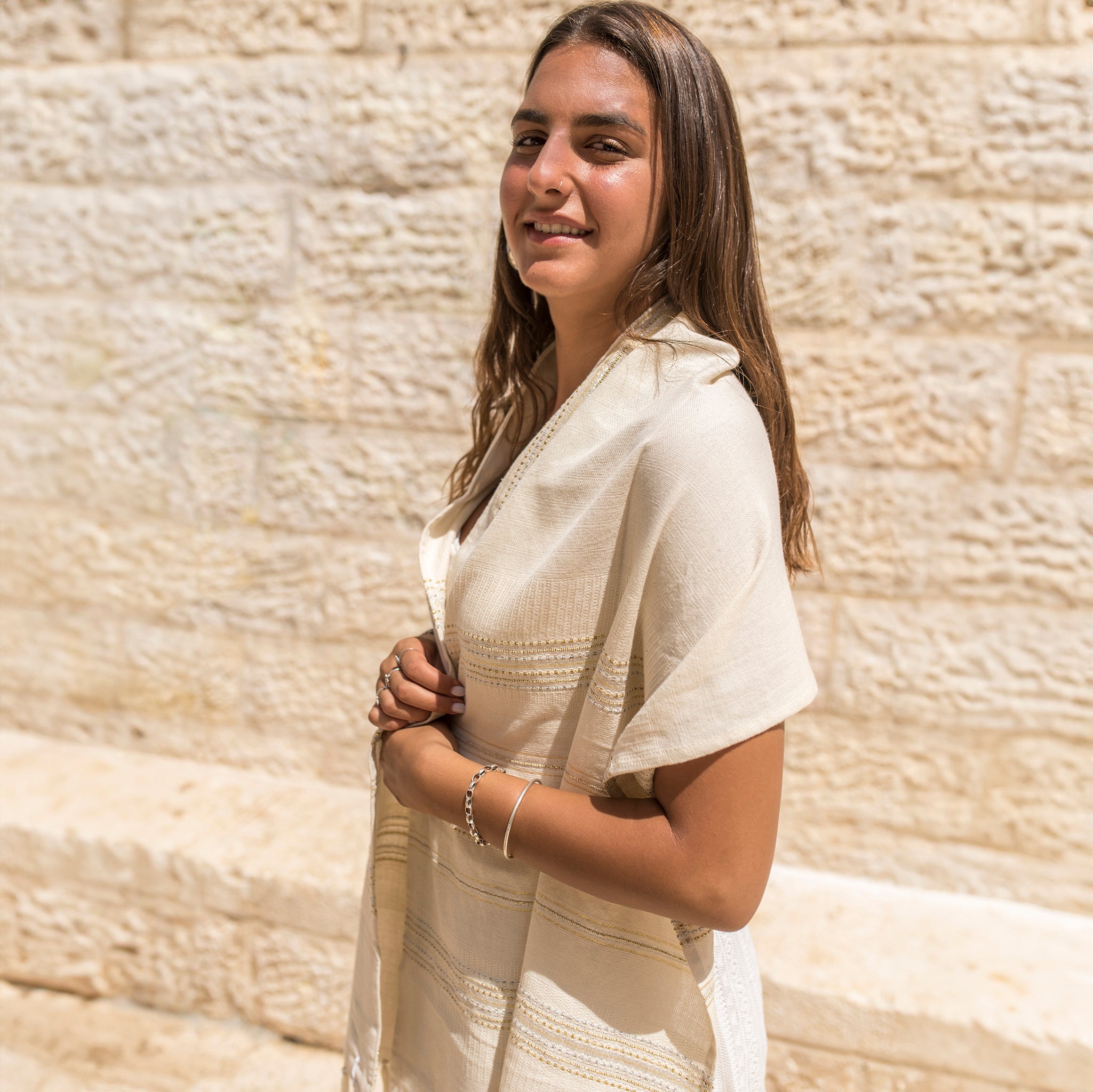 Elia - Cotton Tallit - Gold and Silver on Off-White