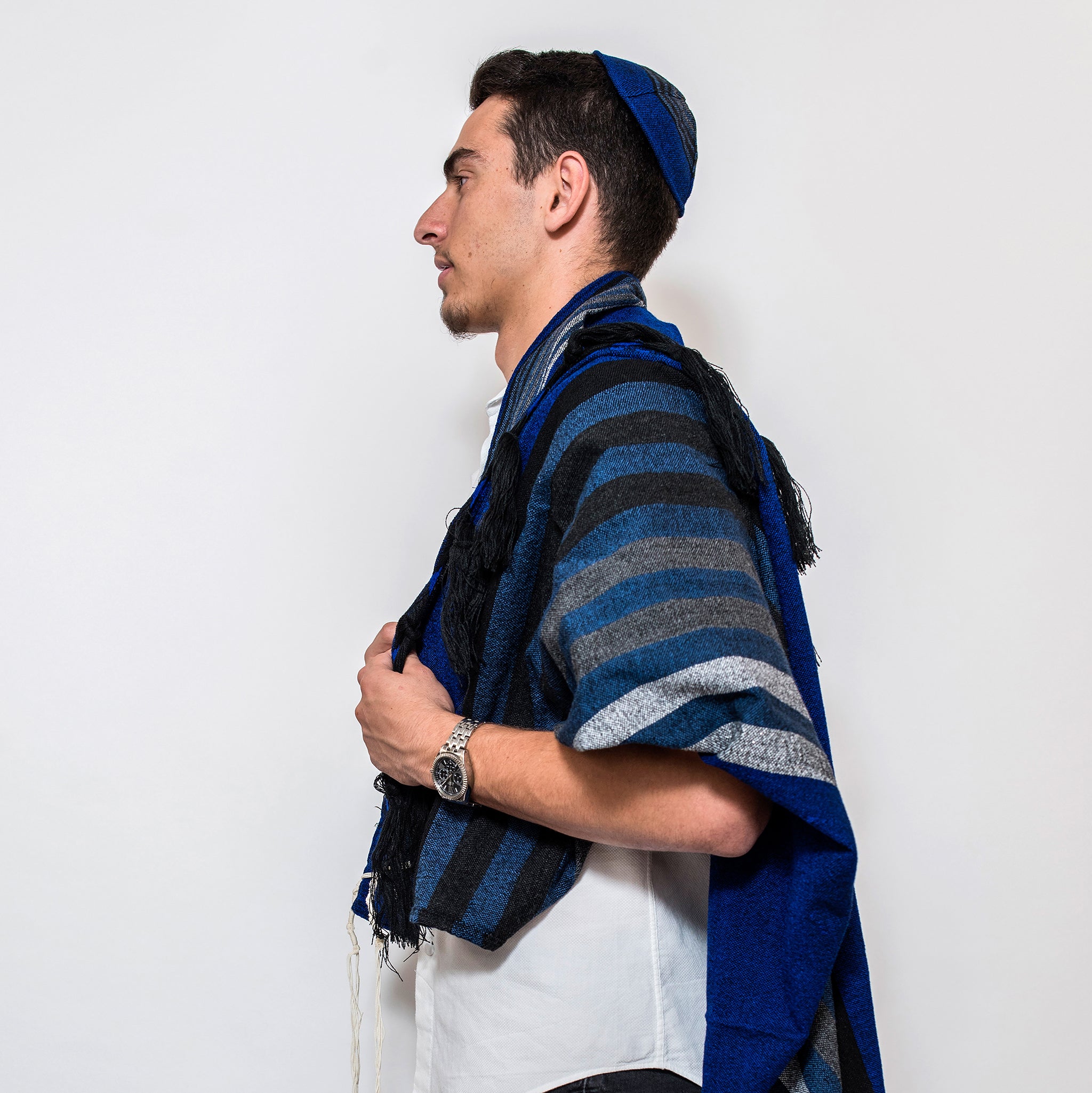 Gad - Wool Tallit - Grey on Blue