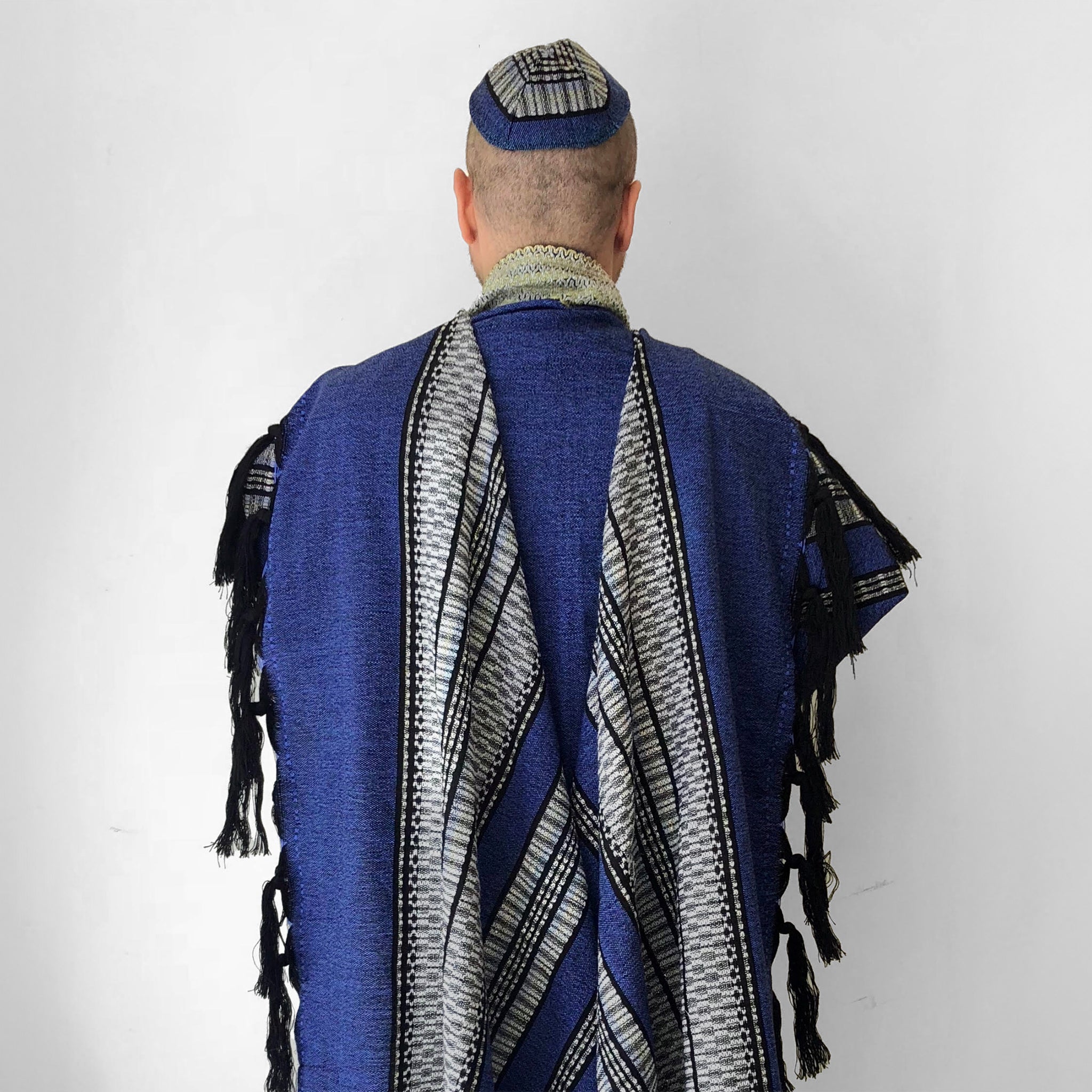 Yoel - Wool Tallit - Black and Grays on Blue