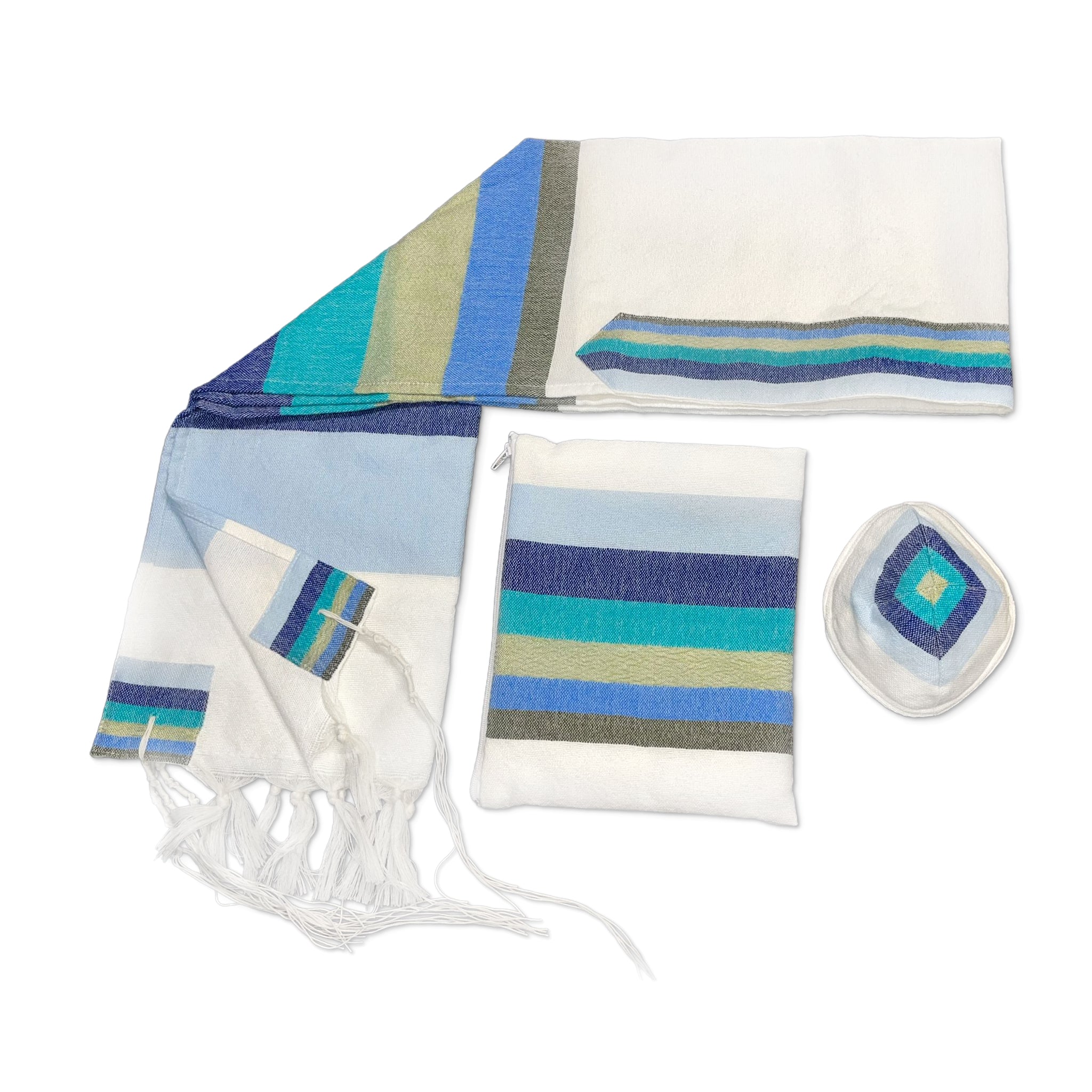 Omer - Wool Tallit - Wide Stripes in shades of Blue and green