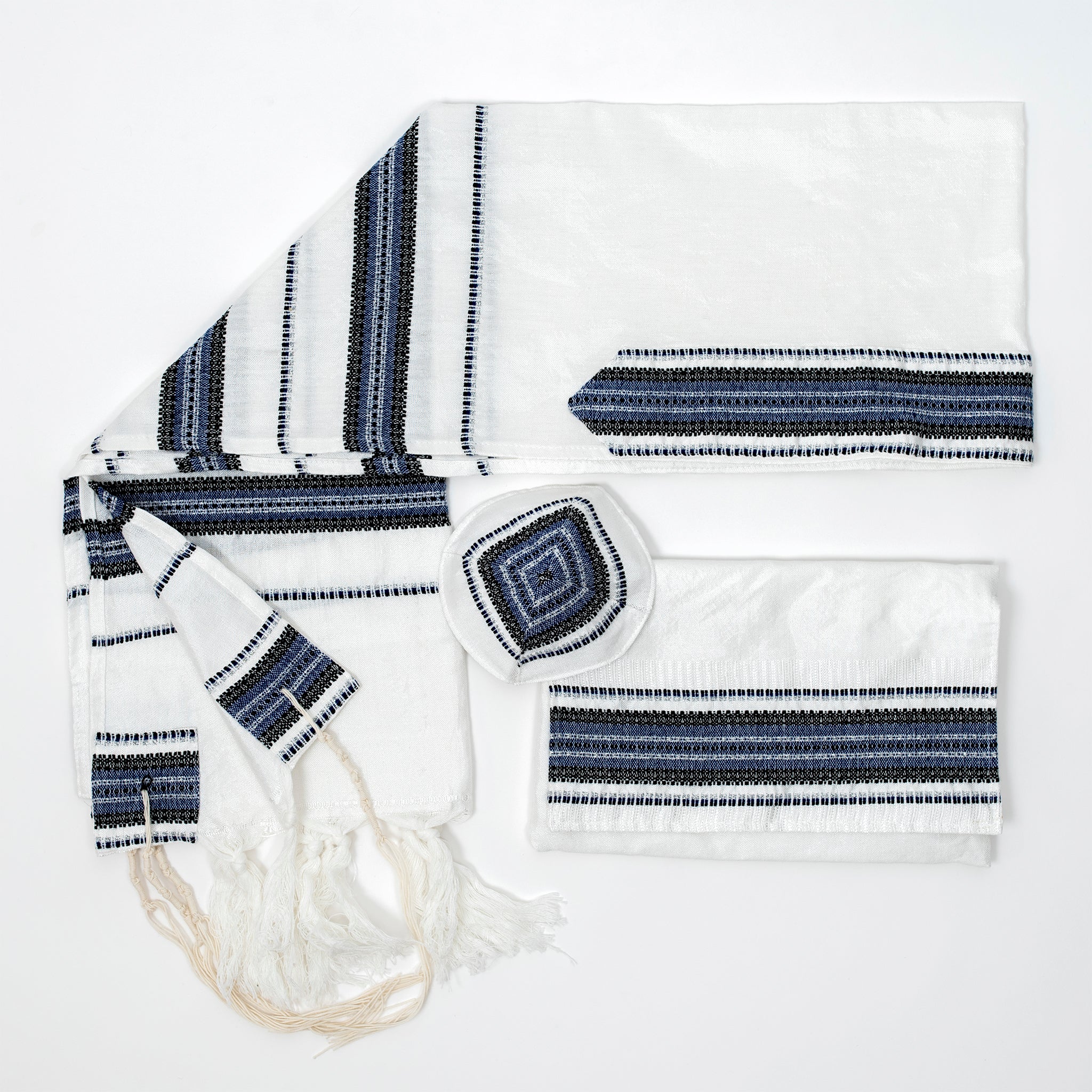 Ruth - Silk Tallit - Blue and Black with Silver on White