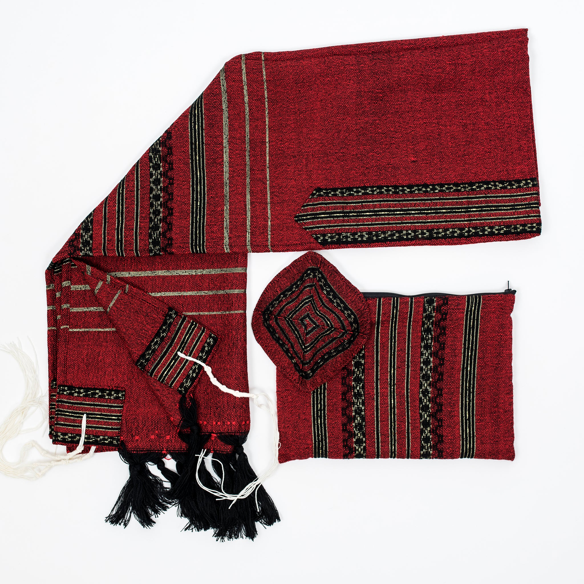 Hagar - Wool Tallit - Black and Gold Design on Red