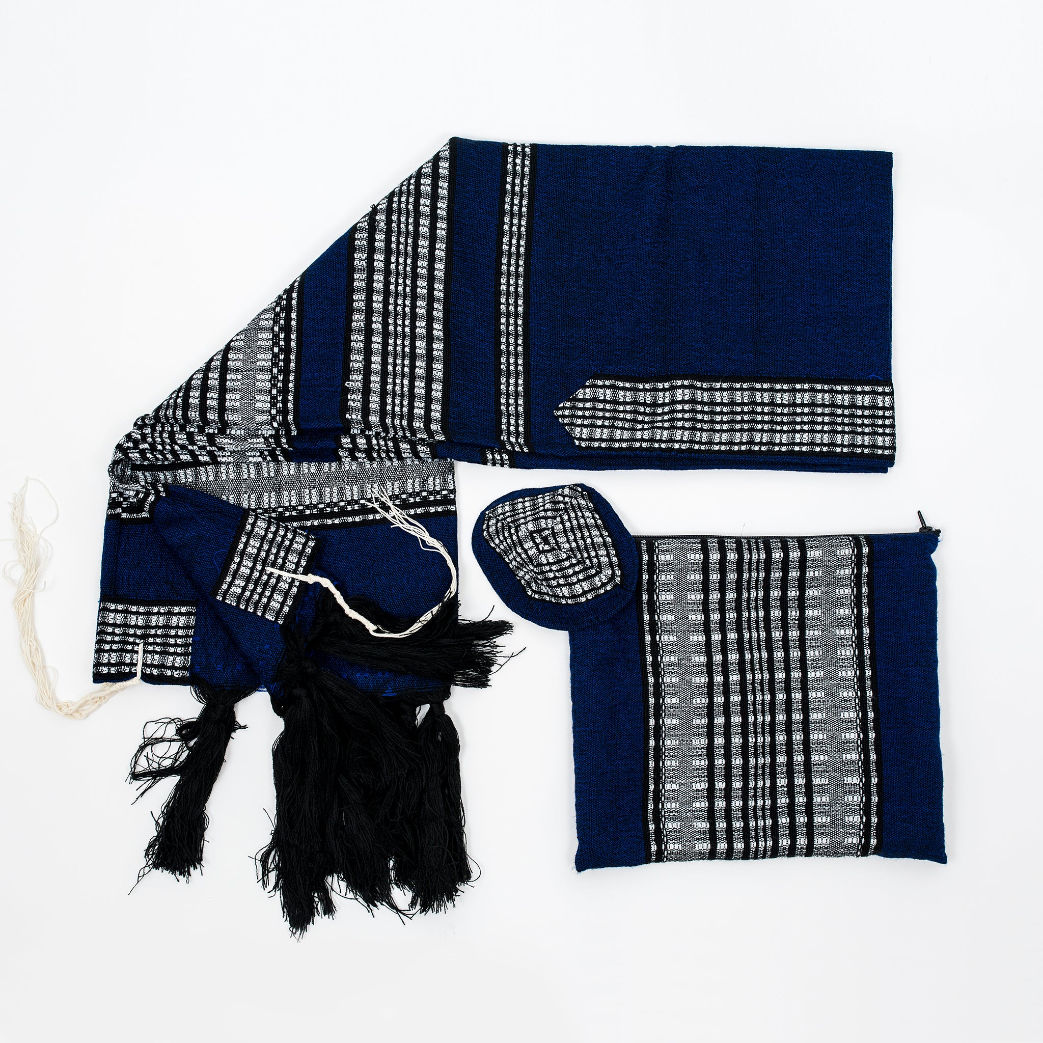 Yoel - Wool Tallit  - Black and Grays on Blue