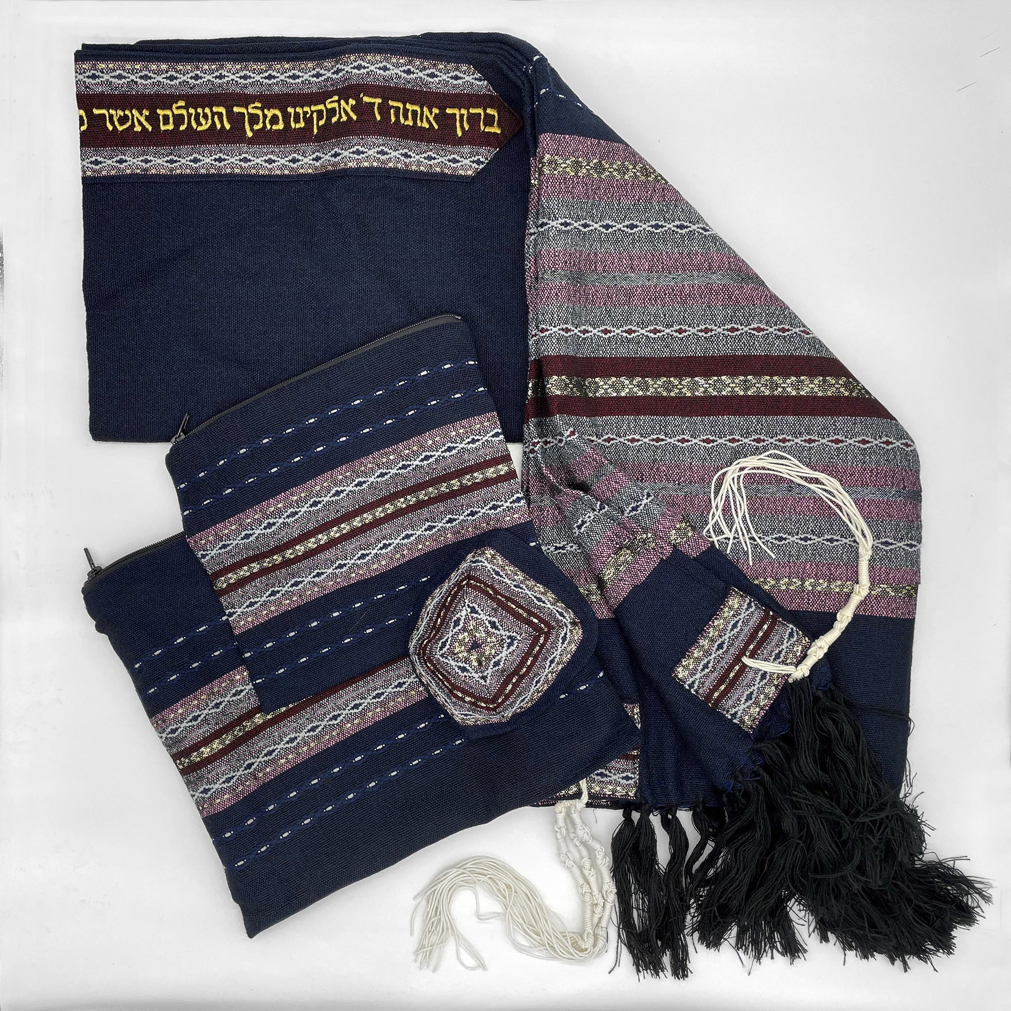 Gabrieli Premium - Wool Tallit - Purples and Gold on Dark Blue