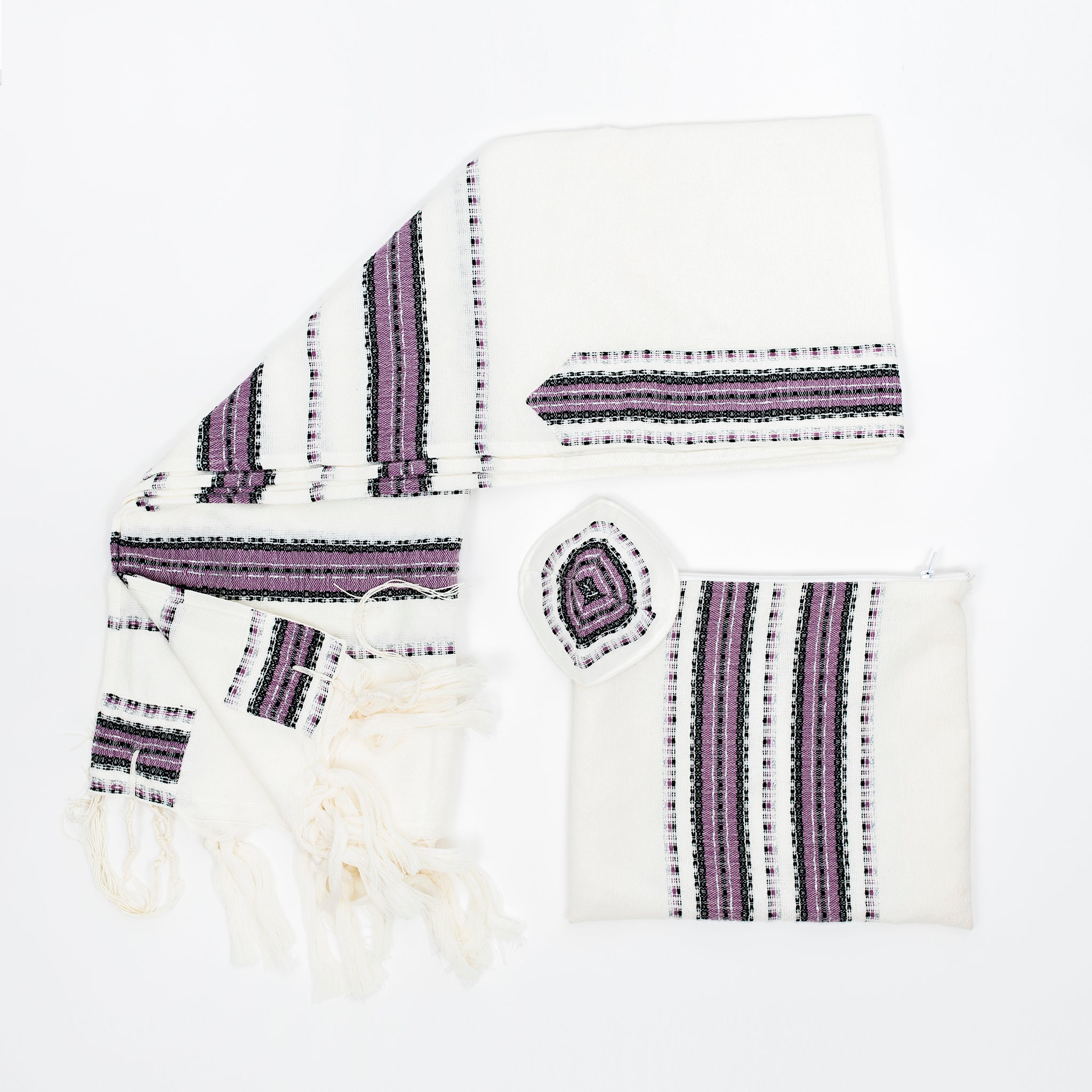 Ruth - Wool Tallit - Purple and Black with Silver on White