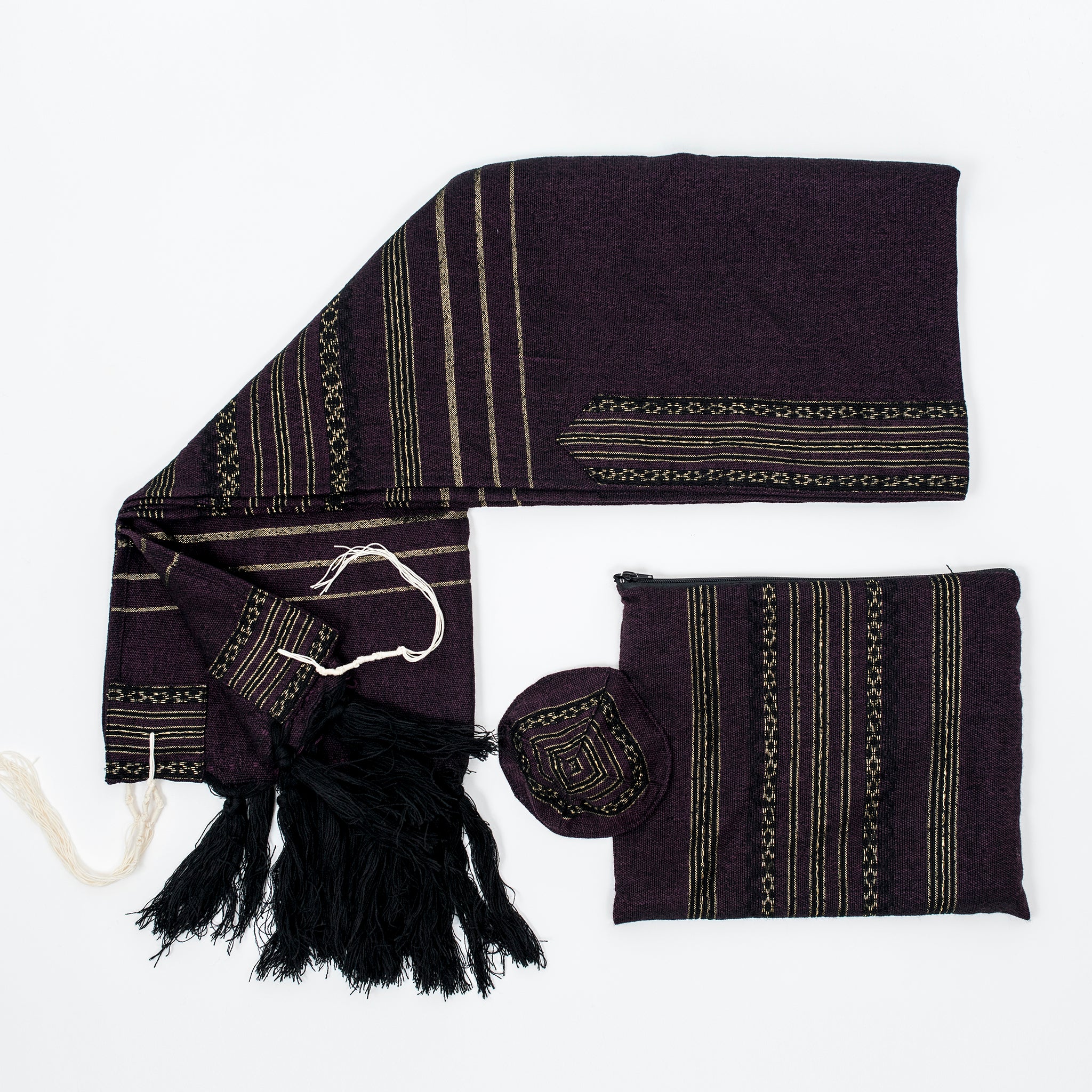 Hagar - Wool Tallit - Black and Gold on Purple
