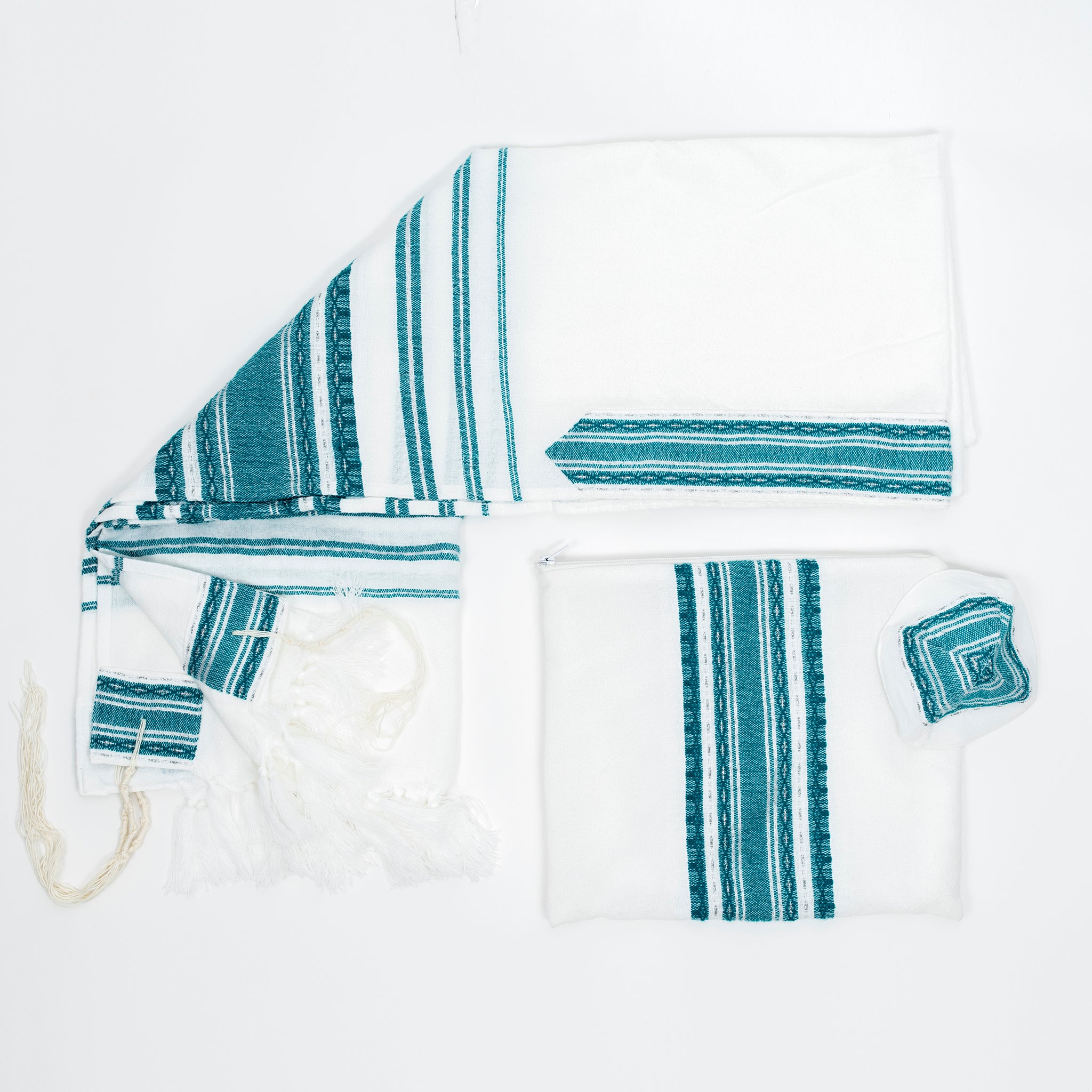 Samuel - Wool Tallit  - Turquoise and Silver on White