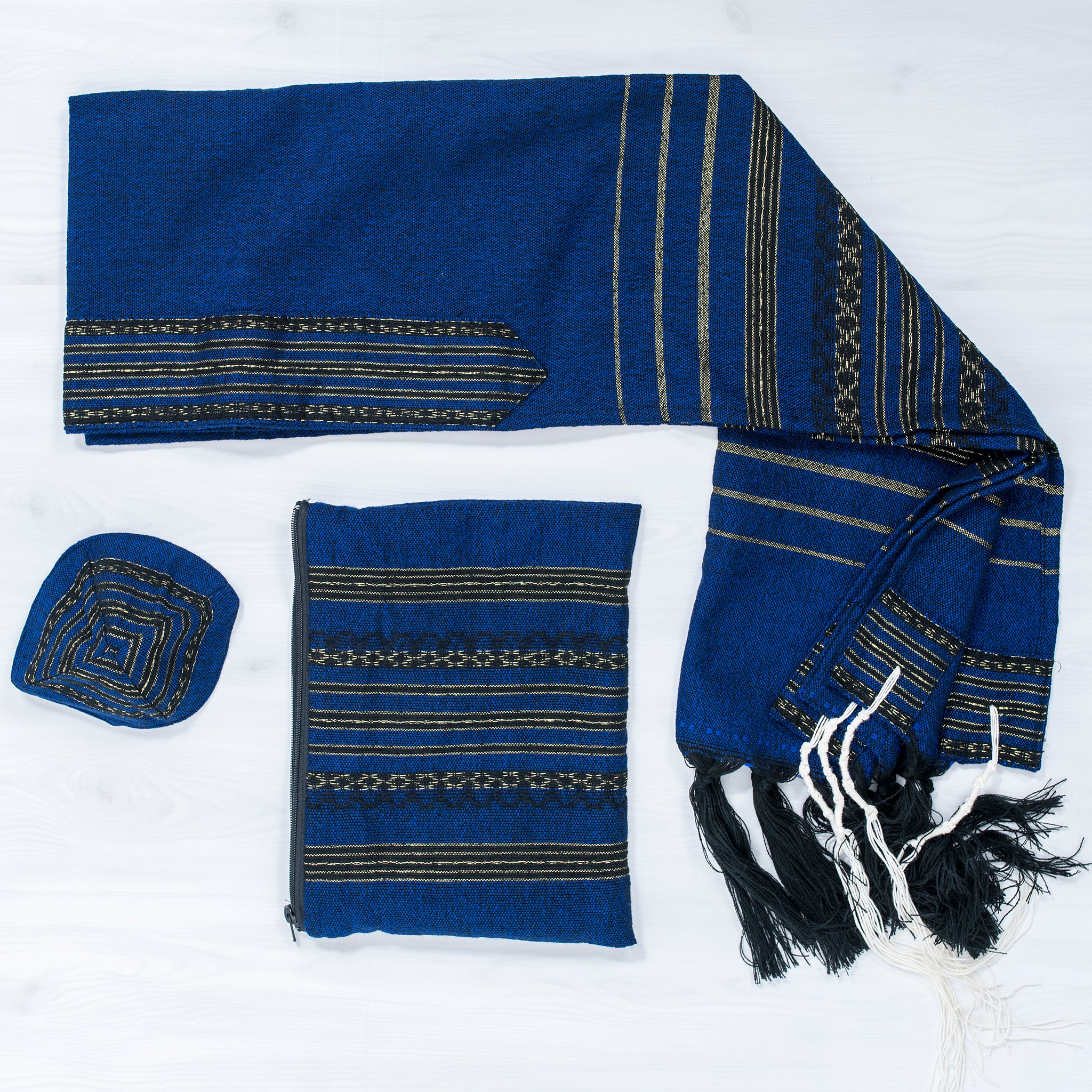 Hagar - Wool Tallit - Black and Gold on Blue