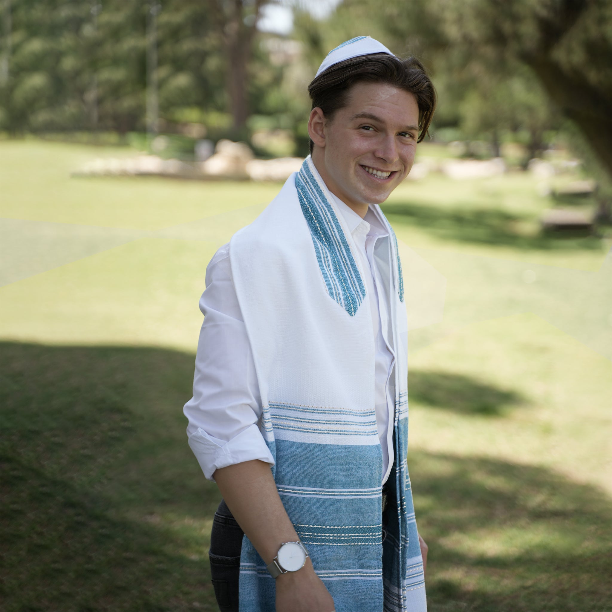 Elia - Silk Tallit - Turquoise with Silver on White