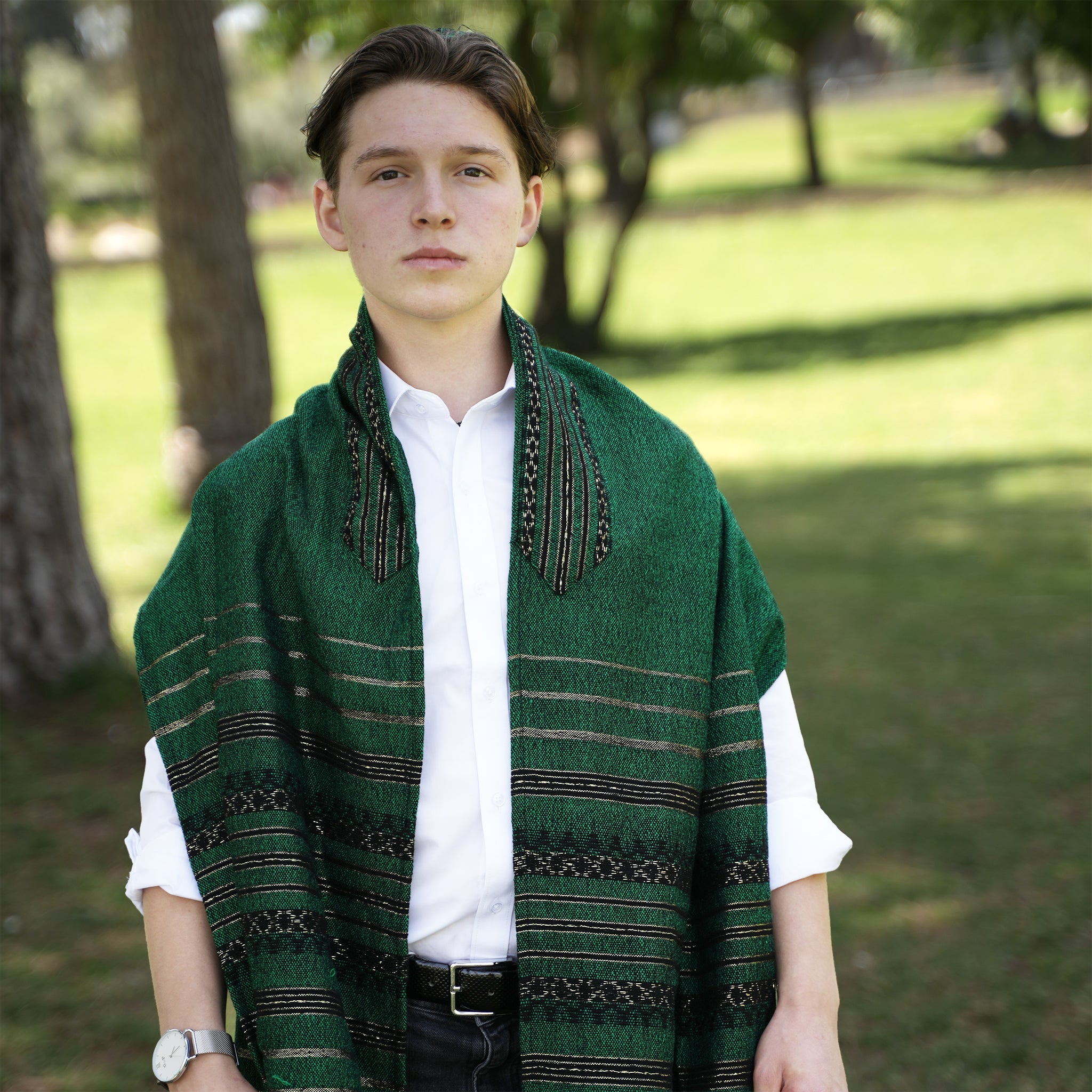 Hagar - Wool Tallit - Black and Gold on Green