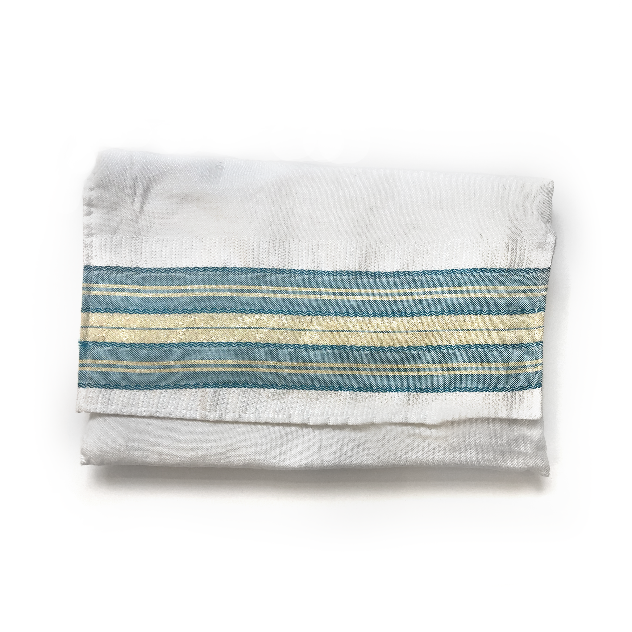 Tal - Silk Tallit - Turquoise with Gold on White