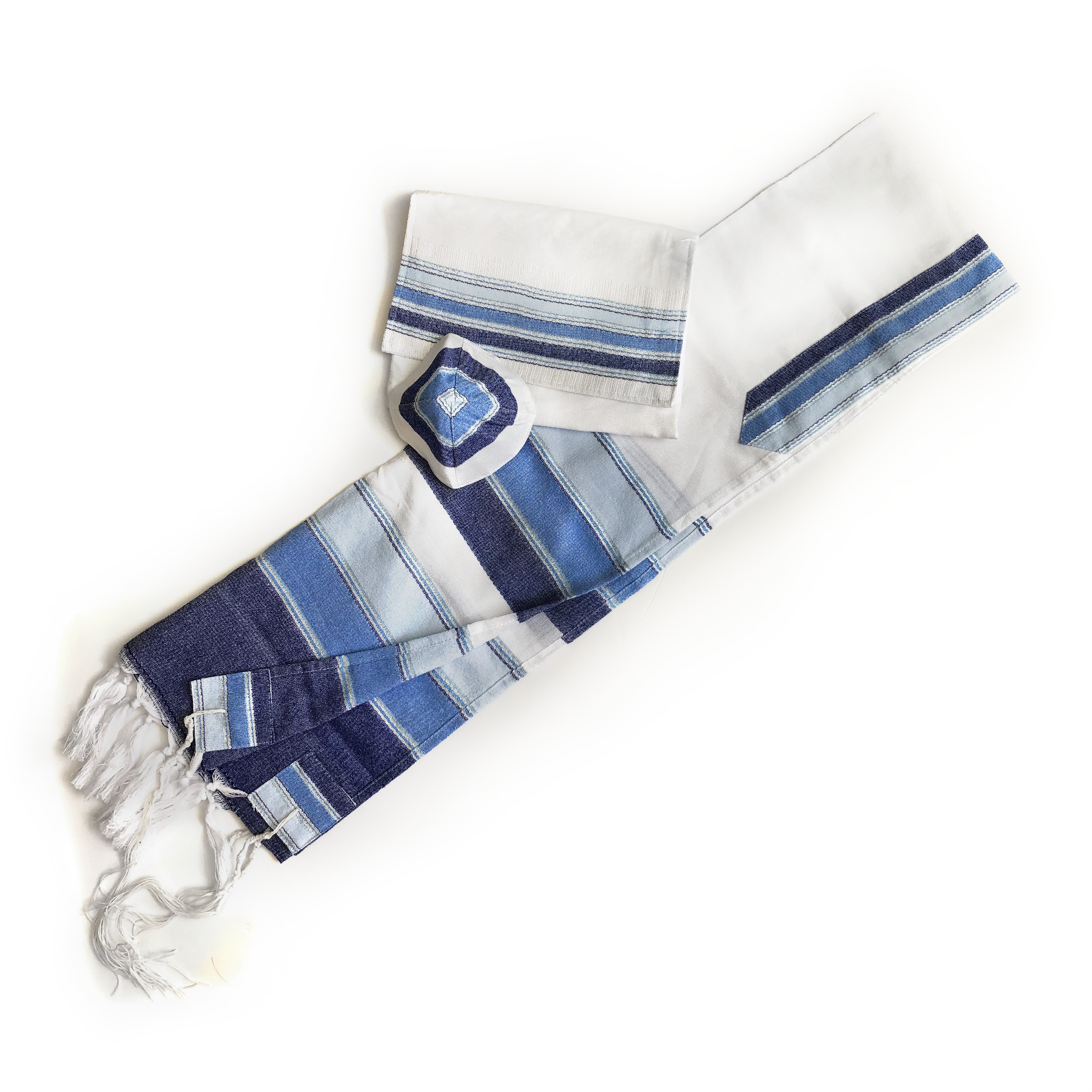 Noam - Cotton Tallit - Blues and Silver on White