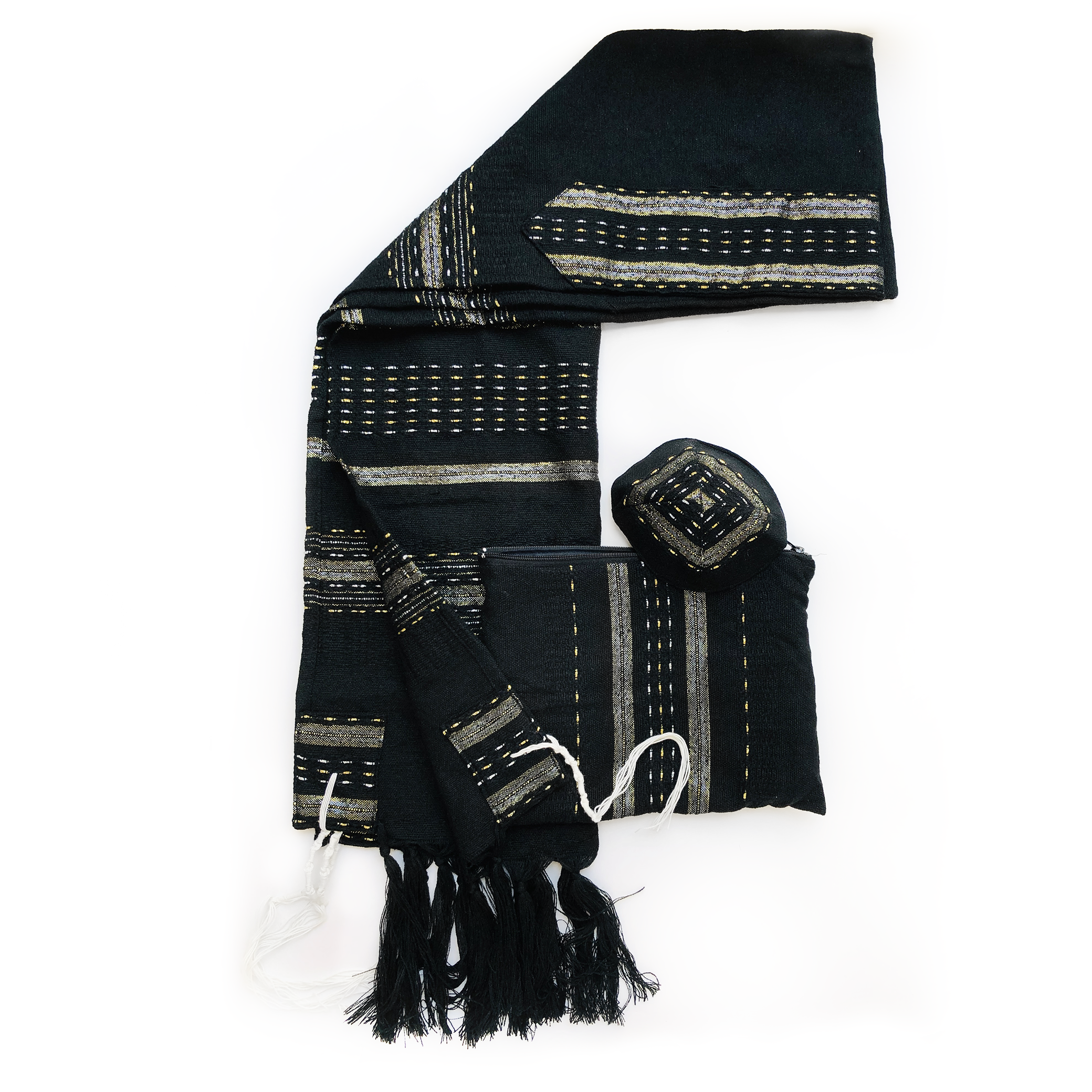 Elia - Wool Tallit - Gold and Silver on Black