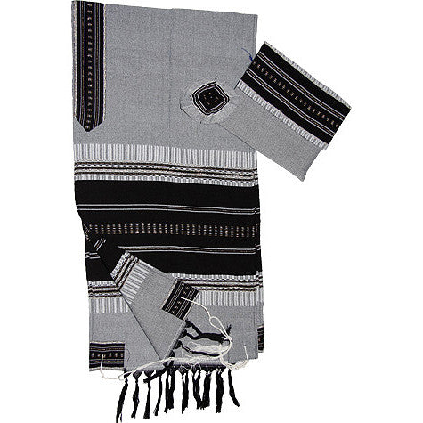 Elia - Cotton Tallit - Black with Silver on Gray