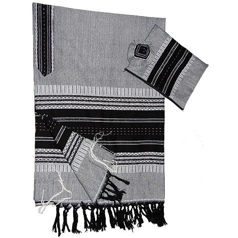 Elia - Wool Tallit - Black on Gray with Silver