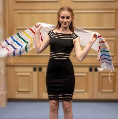 Liat - Silk Tallit - Colorful stripes with Silver on White