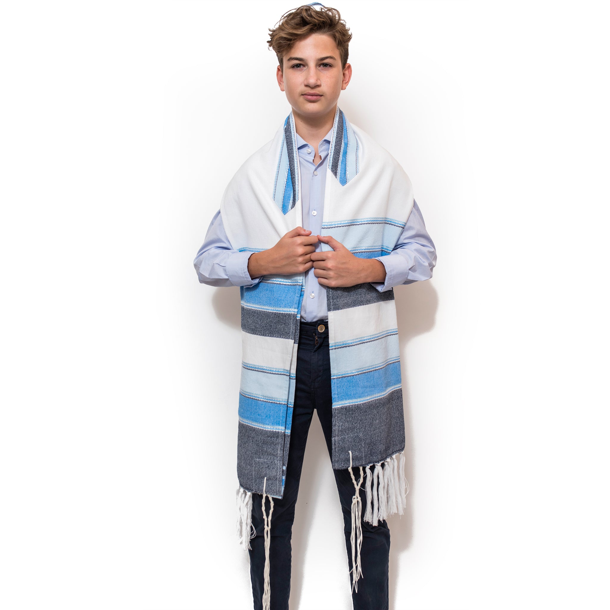 Noam - Silk Tallit - Blues and Silver on White