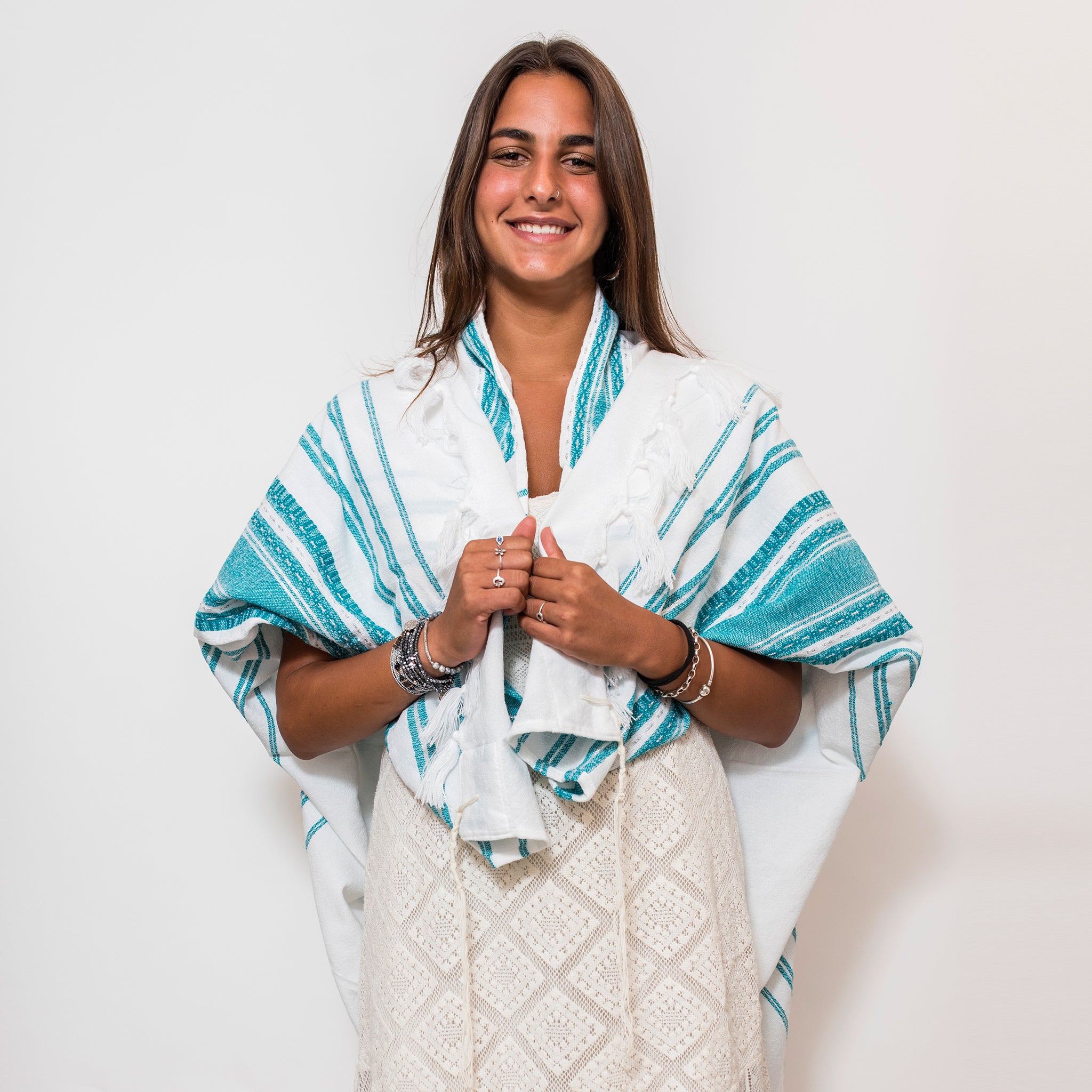 Samuel - Wool Tallit  - Turquoise and Silver on White