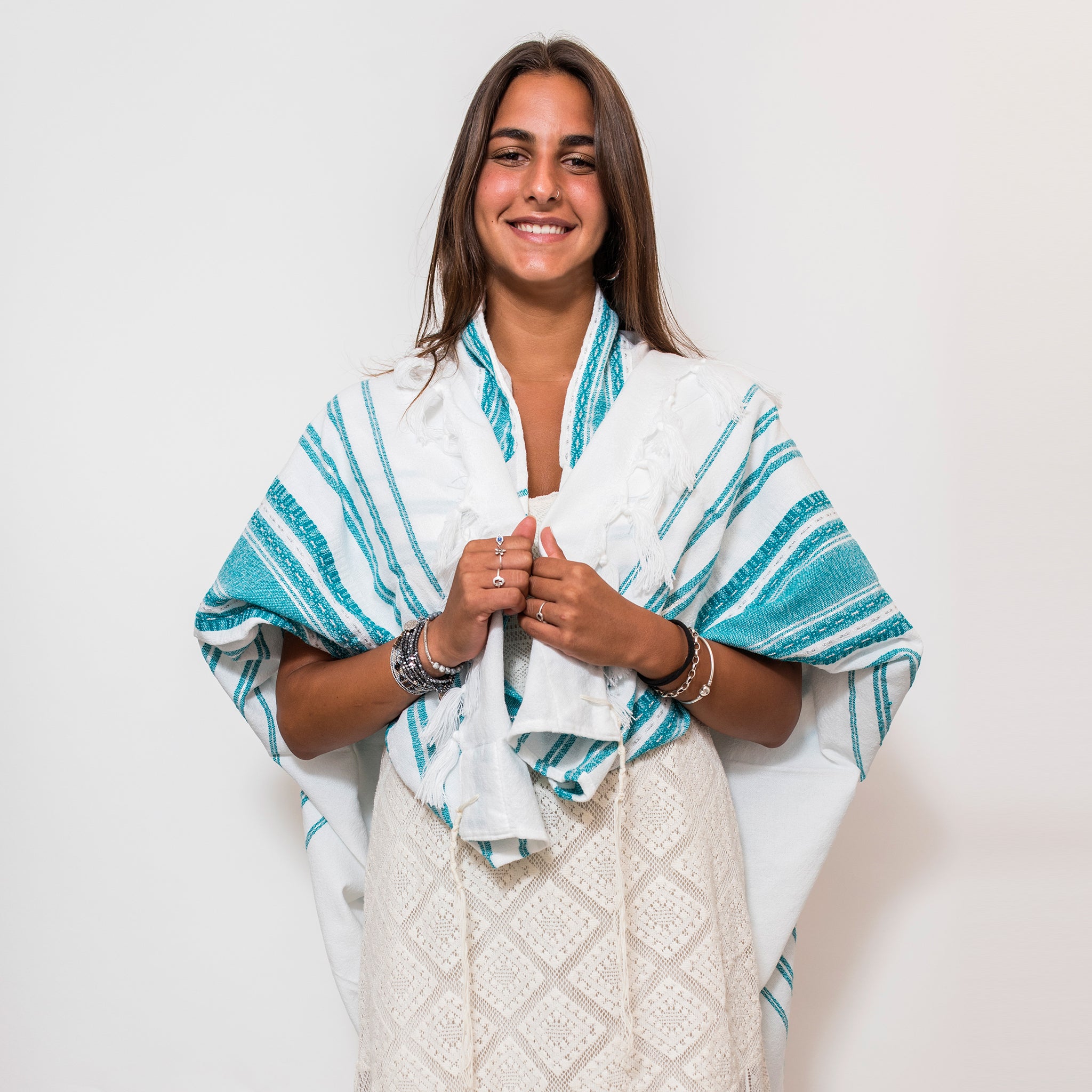 Samuel - Wool Tallit - Turquoise and Silver on White