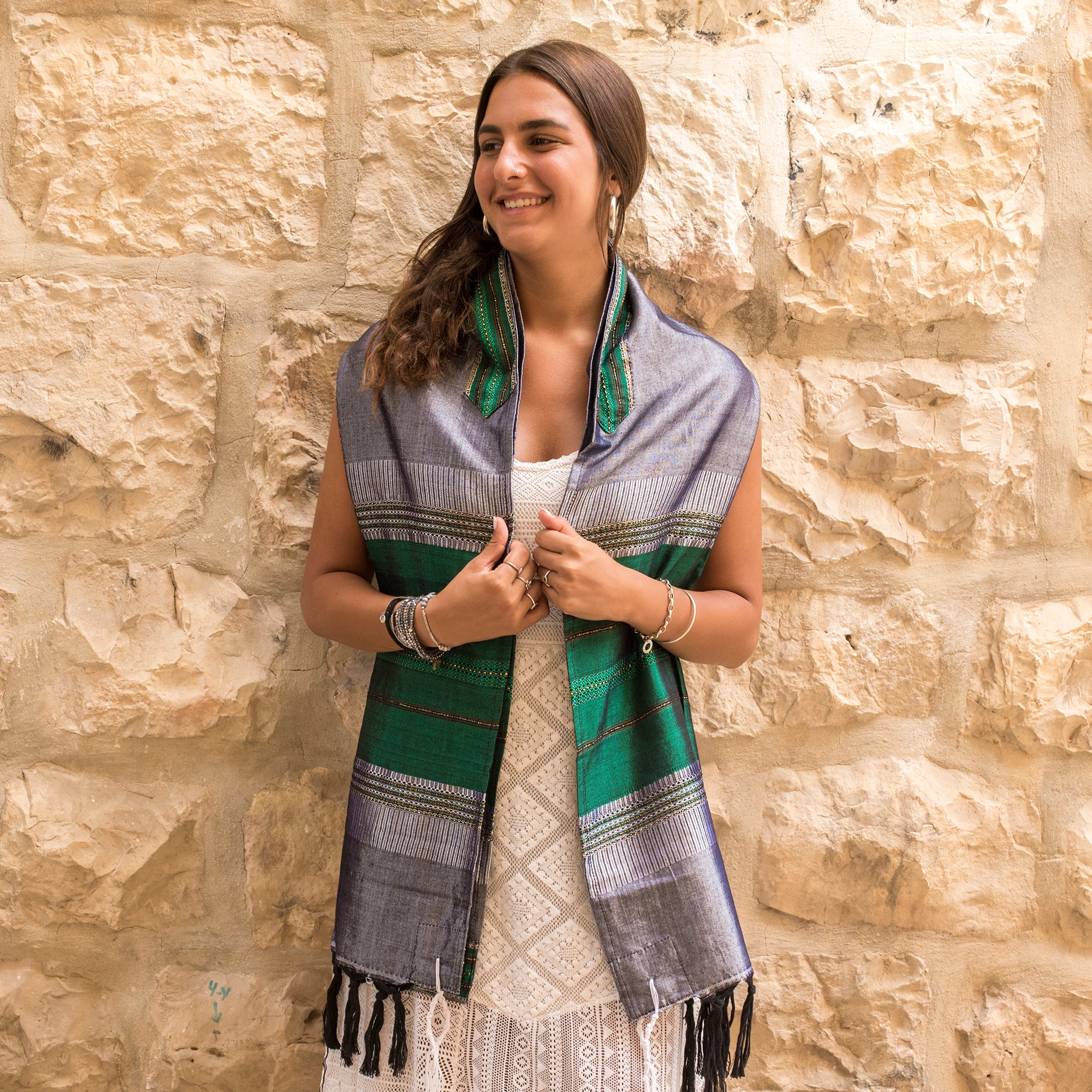Elia - Silk Tallit- Green and Gold on Gray